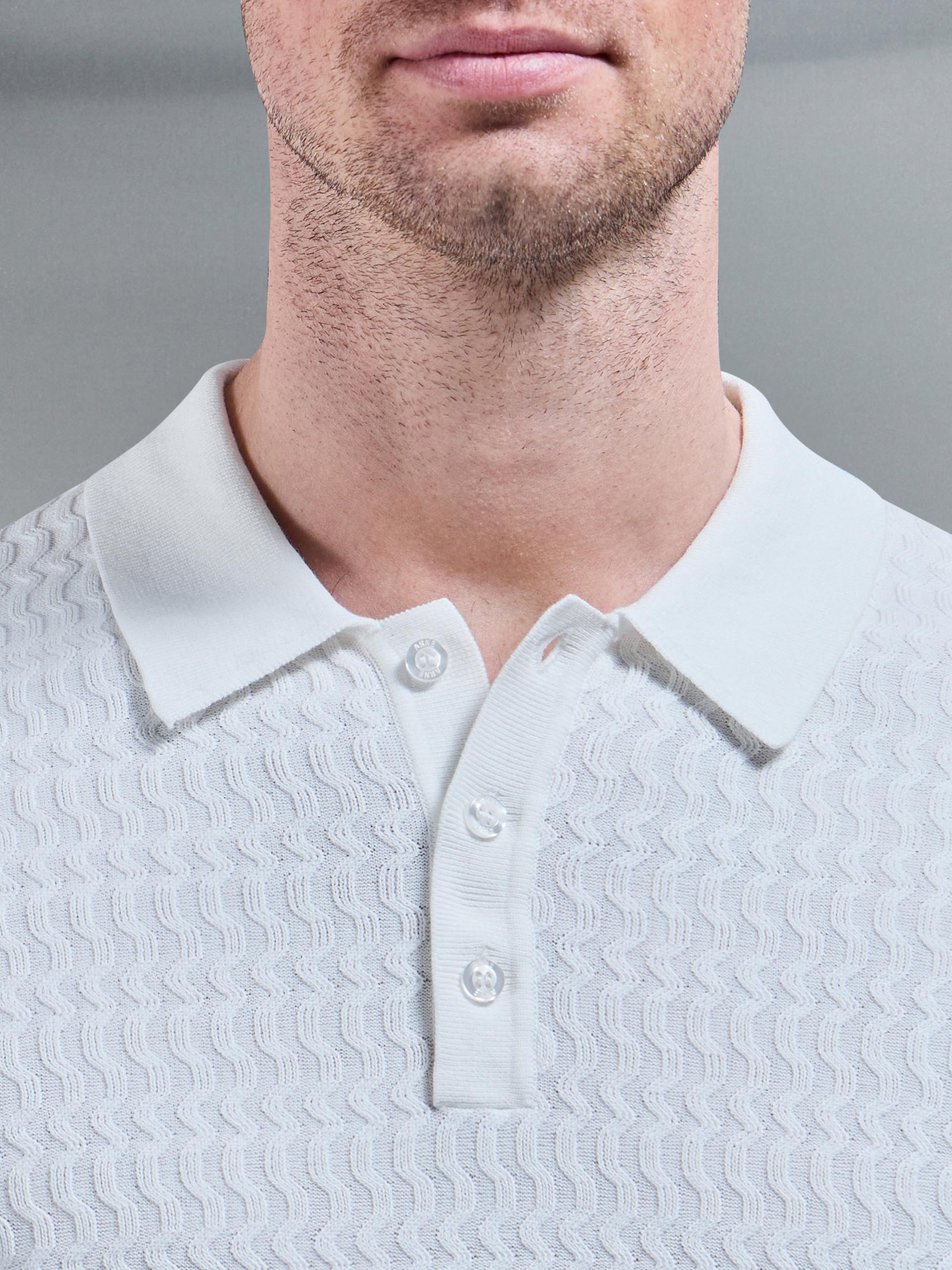 Wave Textured Knitted Button Polo Shirt in White