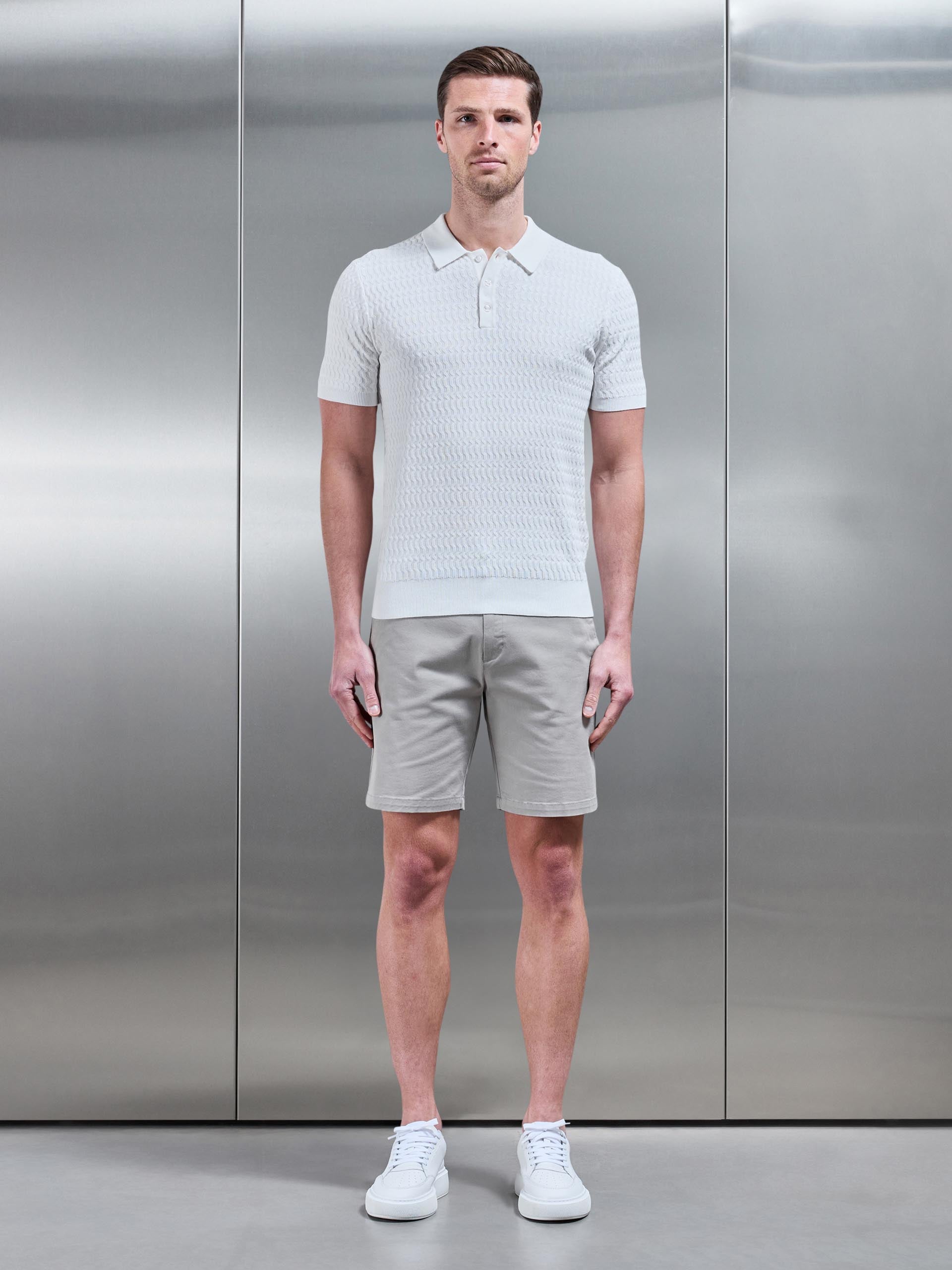 Wave Textured Knitted Button Polo Shirt in White