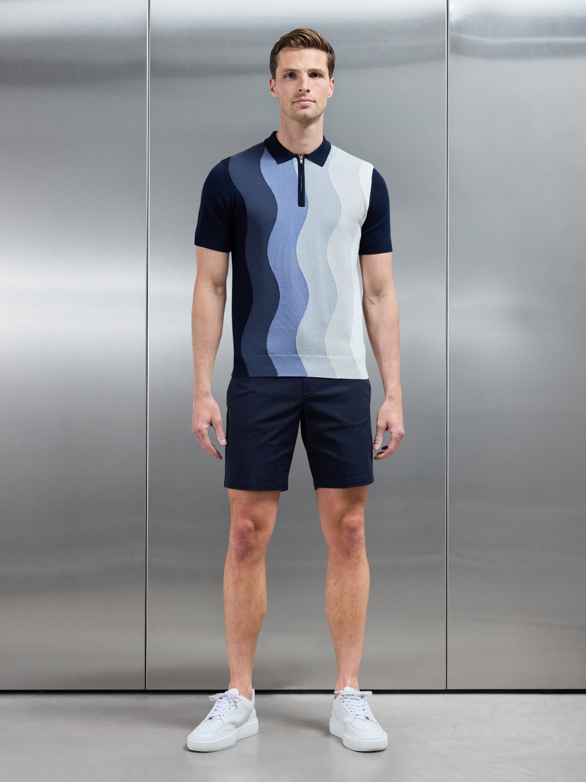 Wave Knitted Zip Polo Shirt in Navy