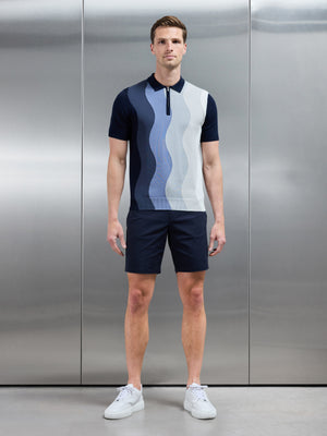 Wave Knitted Zip Polo Shirt in Navy