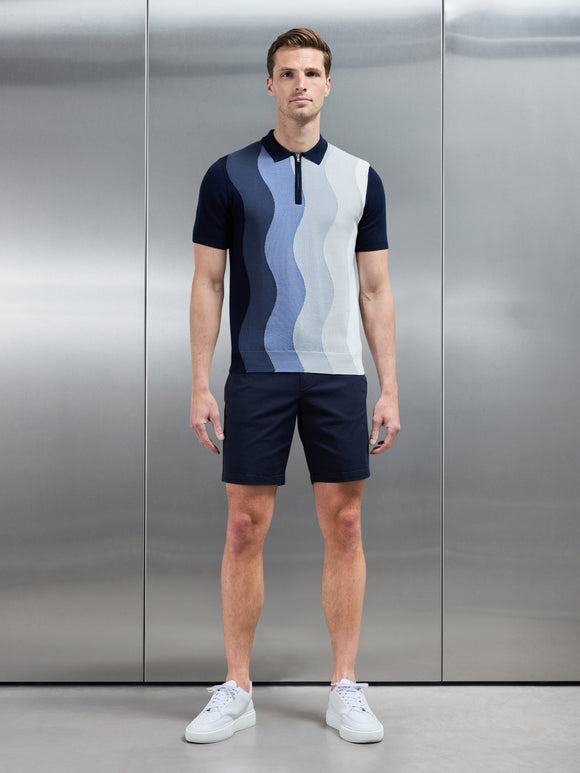 Wave Knitted Zip Polo Shirt in Navy