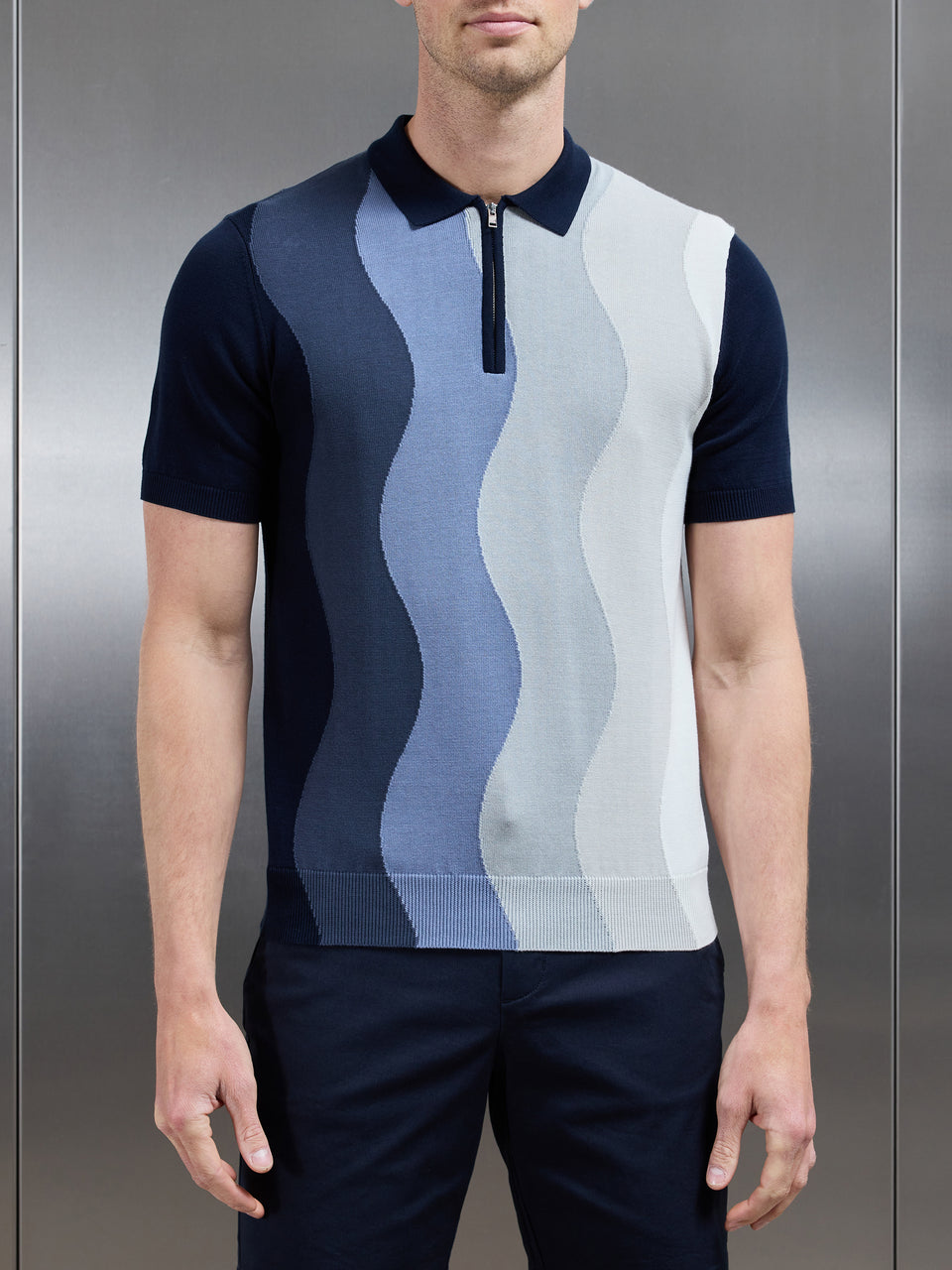 Wave Knitted Zip Polo Shirt in Navy