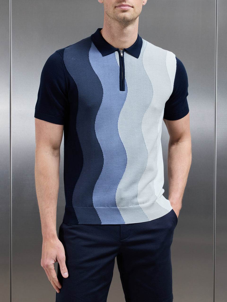 Wave Knitted Zip Polo Shirt in Navy