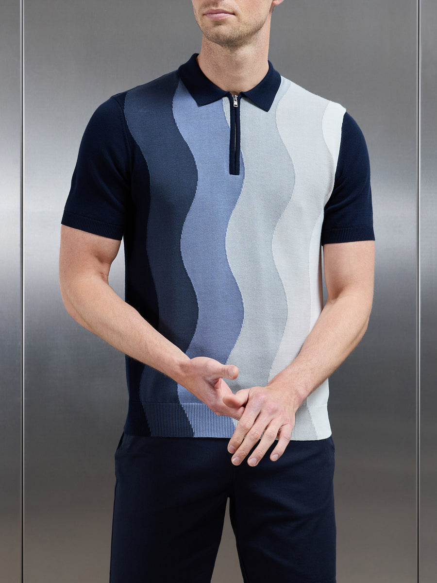 Wave Knitted Zip Polo Shirt in Navy