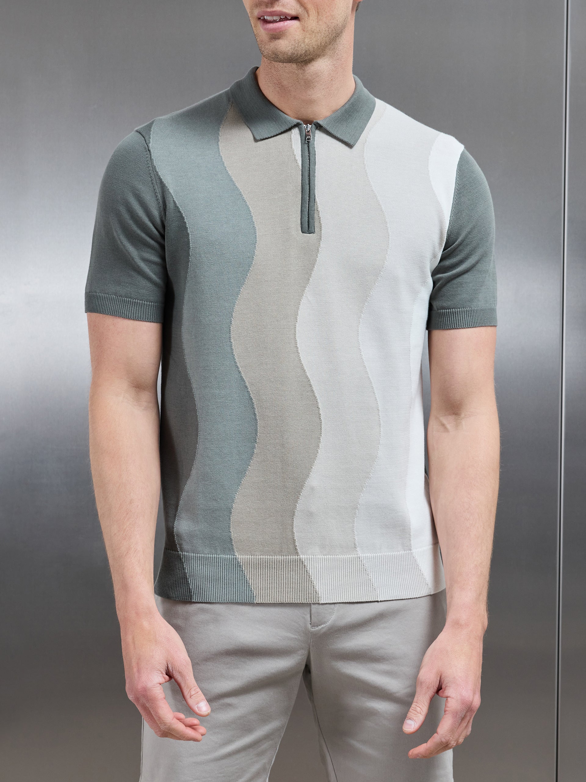 Wave Knitted Zip Polo Shirt in Sage