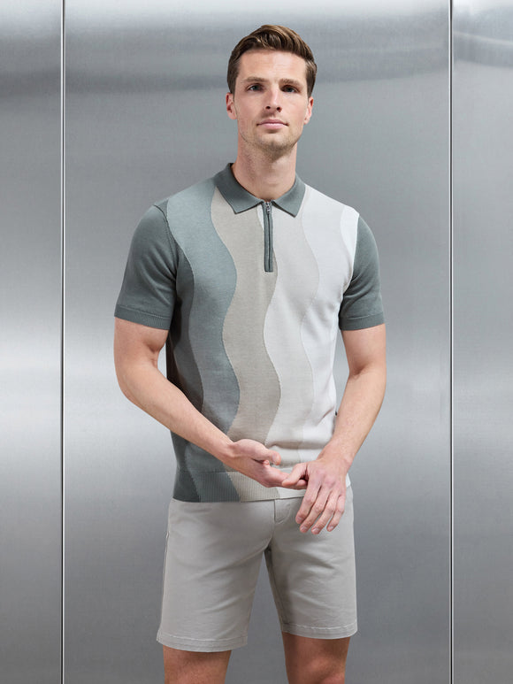 Wave Knitted Zip Polo Shirt in Sage
