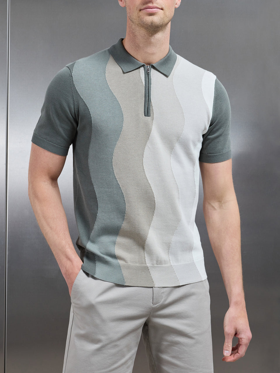 Wave Knitted Zip Polo Shirt in Sage