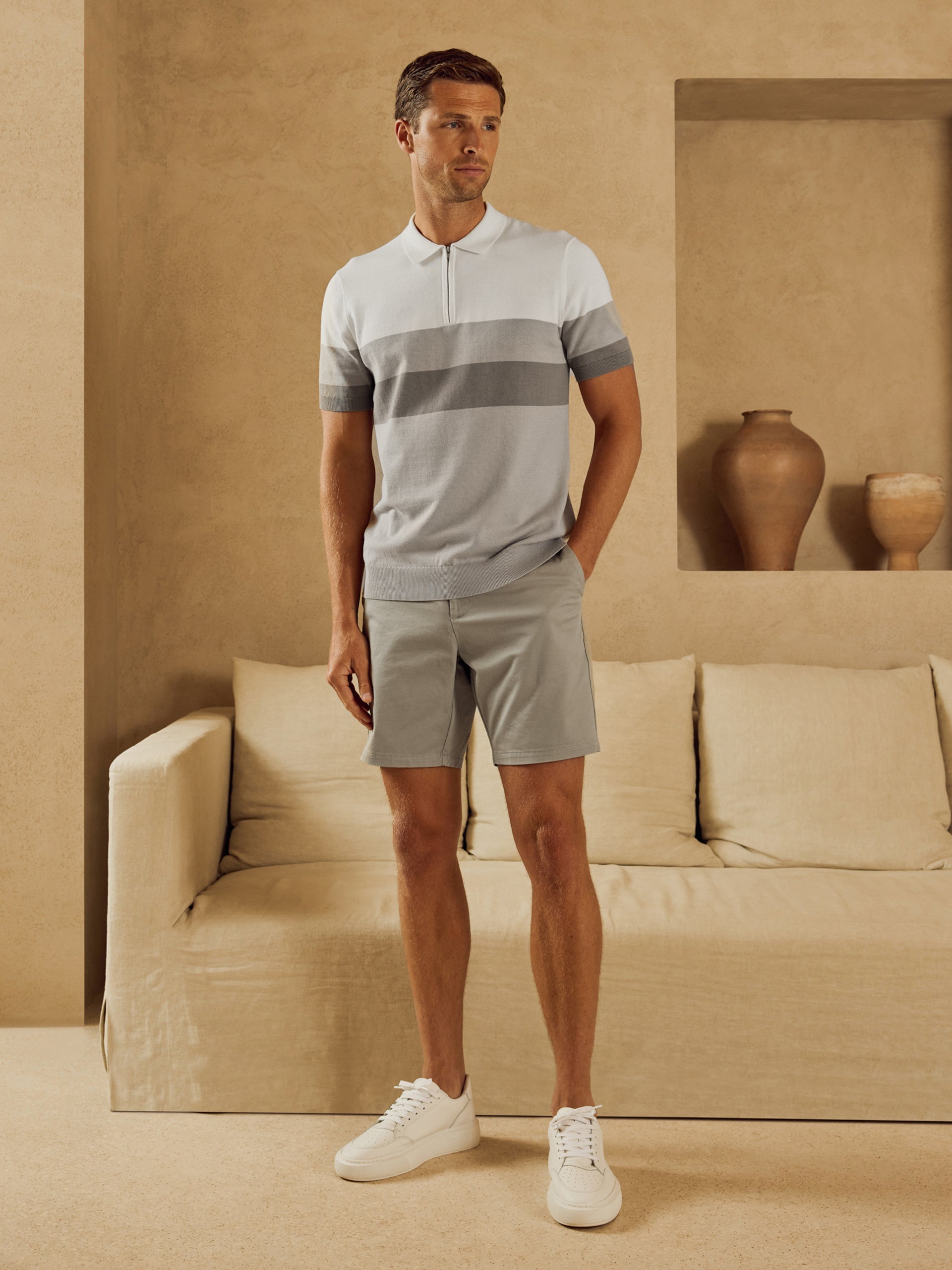Lario Knitted Zip Polo Shirt in Stone