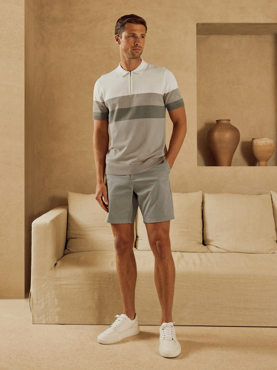 Lario Knitted Zip Polo Shirt in Stone