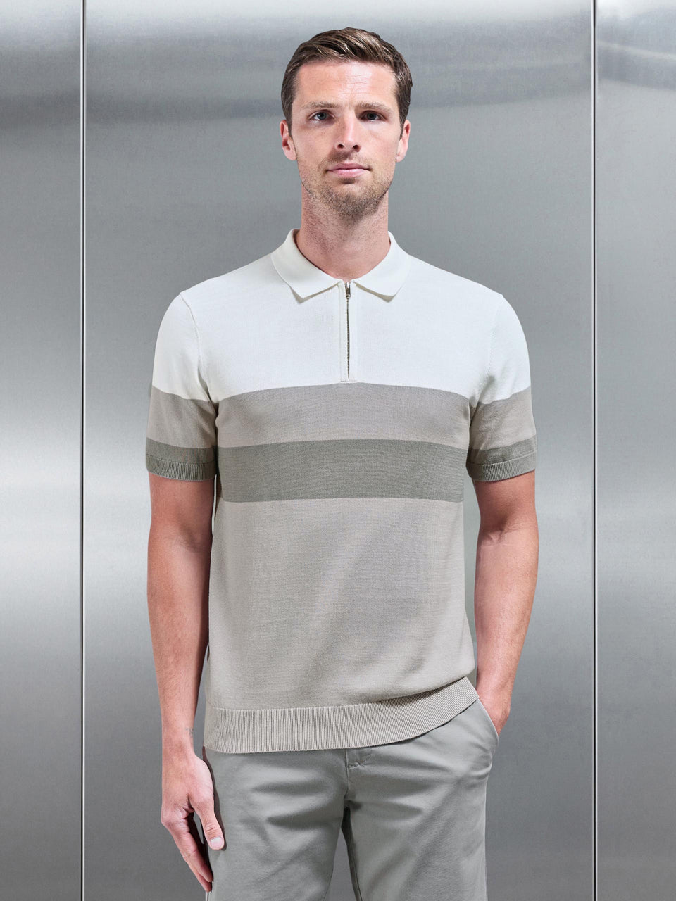 Lario Knitted Zip Polo Shirt in Stone