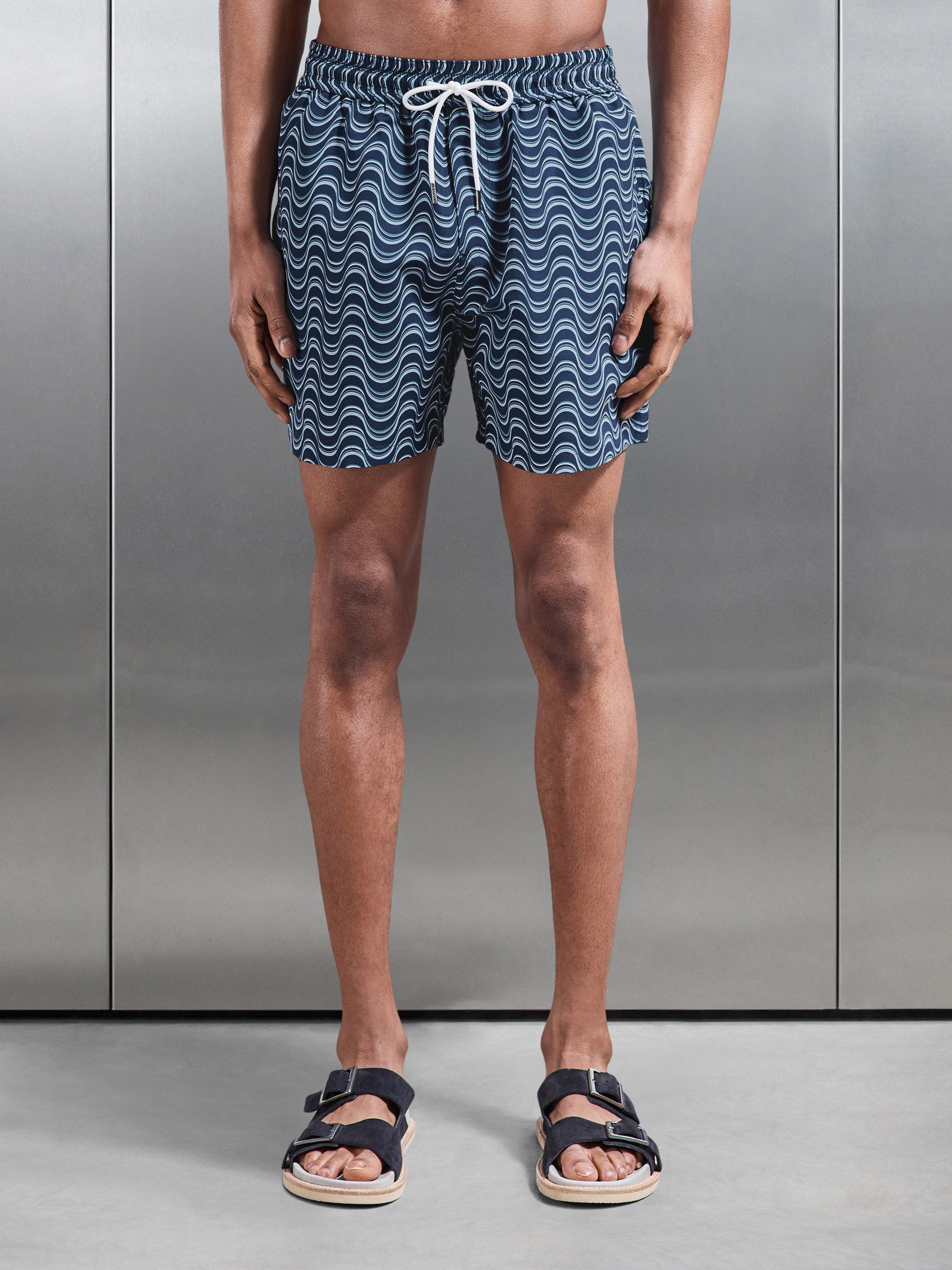 Wave Printed Drawstring Swim Short in Navy