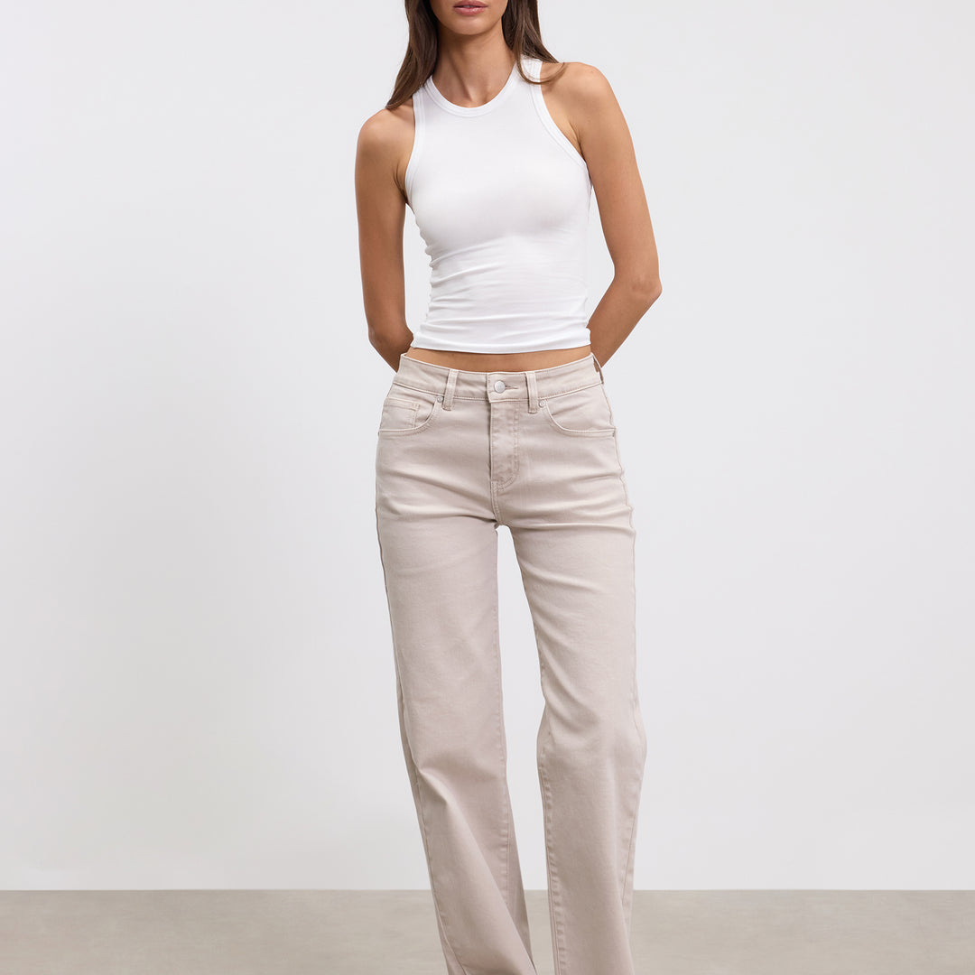 Womens Mid Rise Straight Denim Jean in Beige