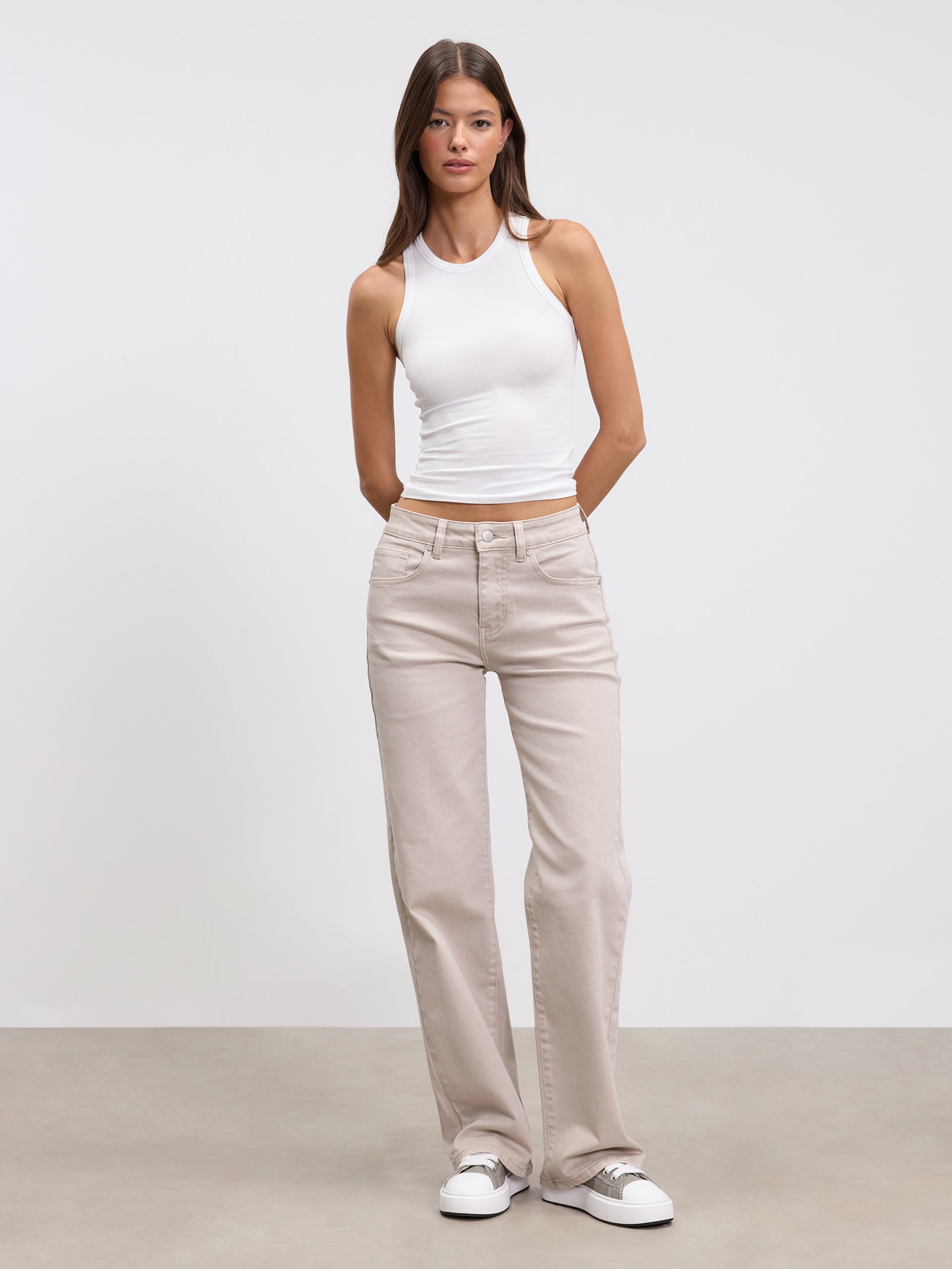 Womens Mid Rise Straight Denim Jean in Beige