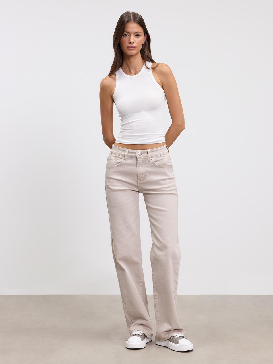 Womens Mid Rise Straight Denim Jean in Beige