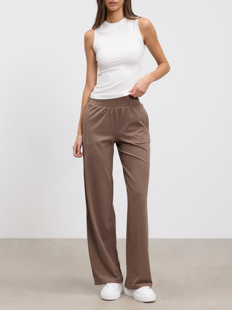 Womens Cotton Modal Wide Leg Pull On Trouser in Taupe