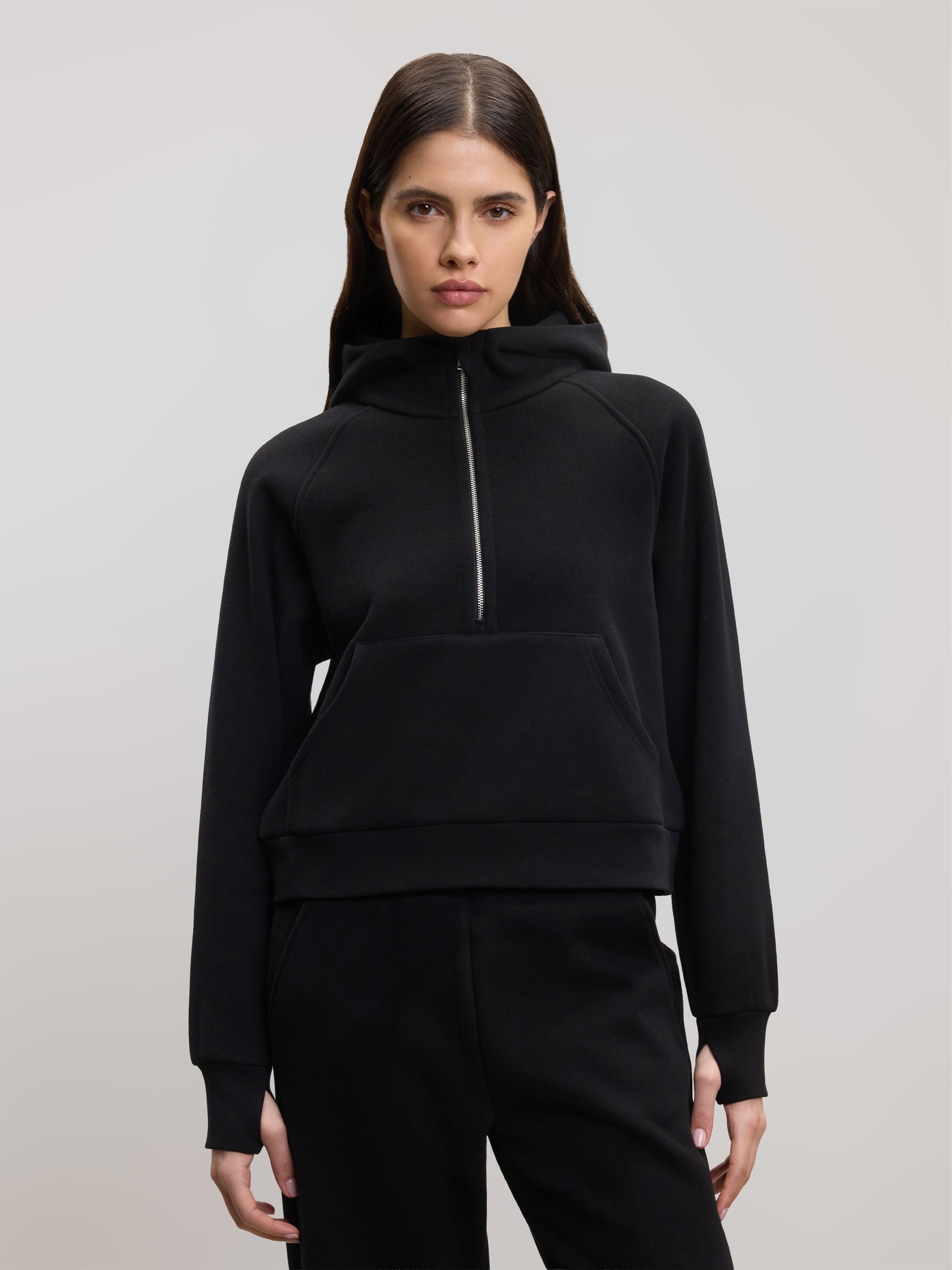 Womens Cosy Fleece Half Zip Hoodie in Black