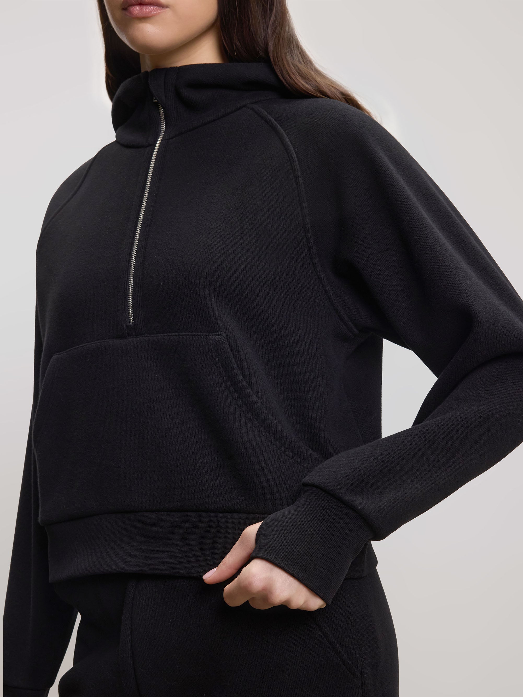 Womens Cosy Fleece Half Zip Hoodie in Black