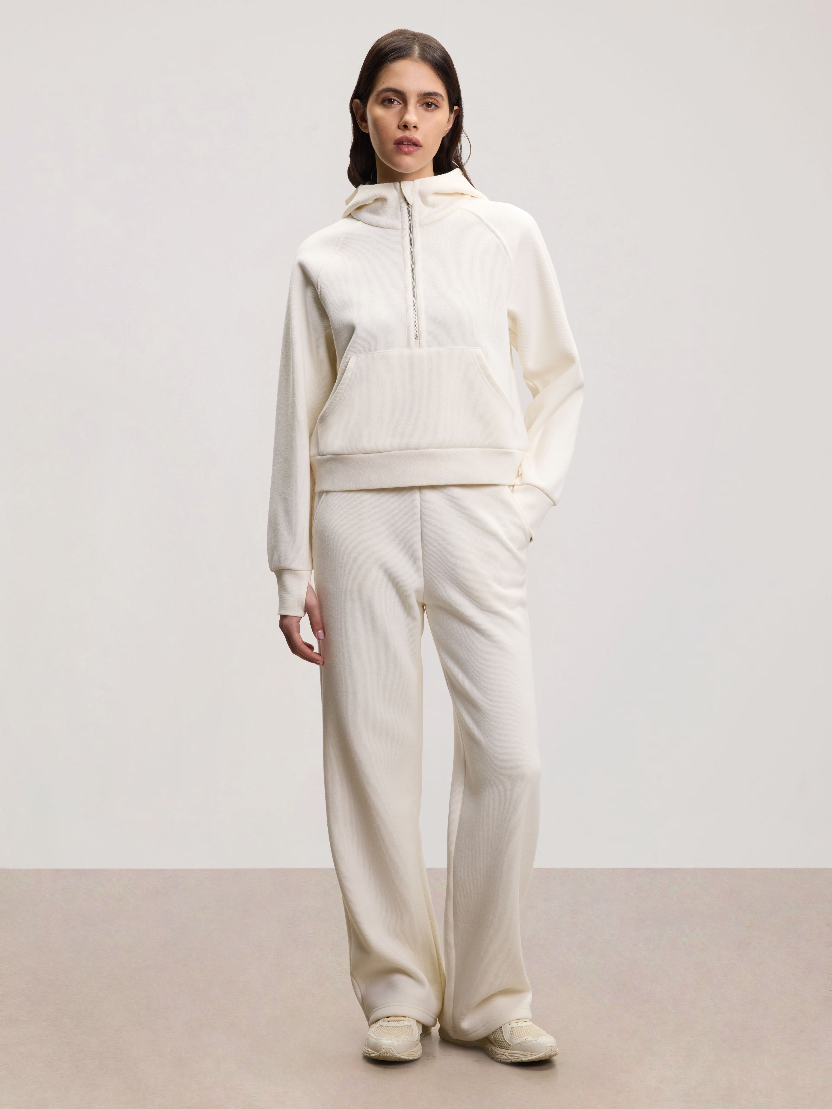 Womens Cosy Fleece Half Zip Hoodie in Ecru