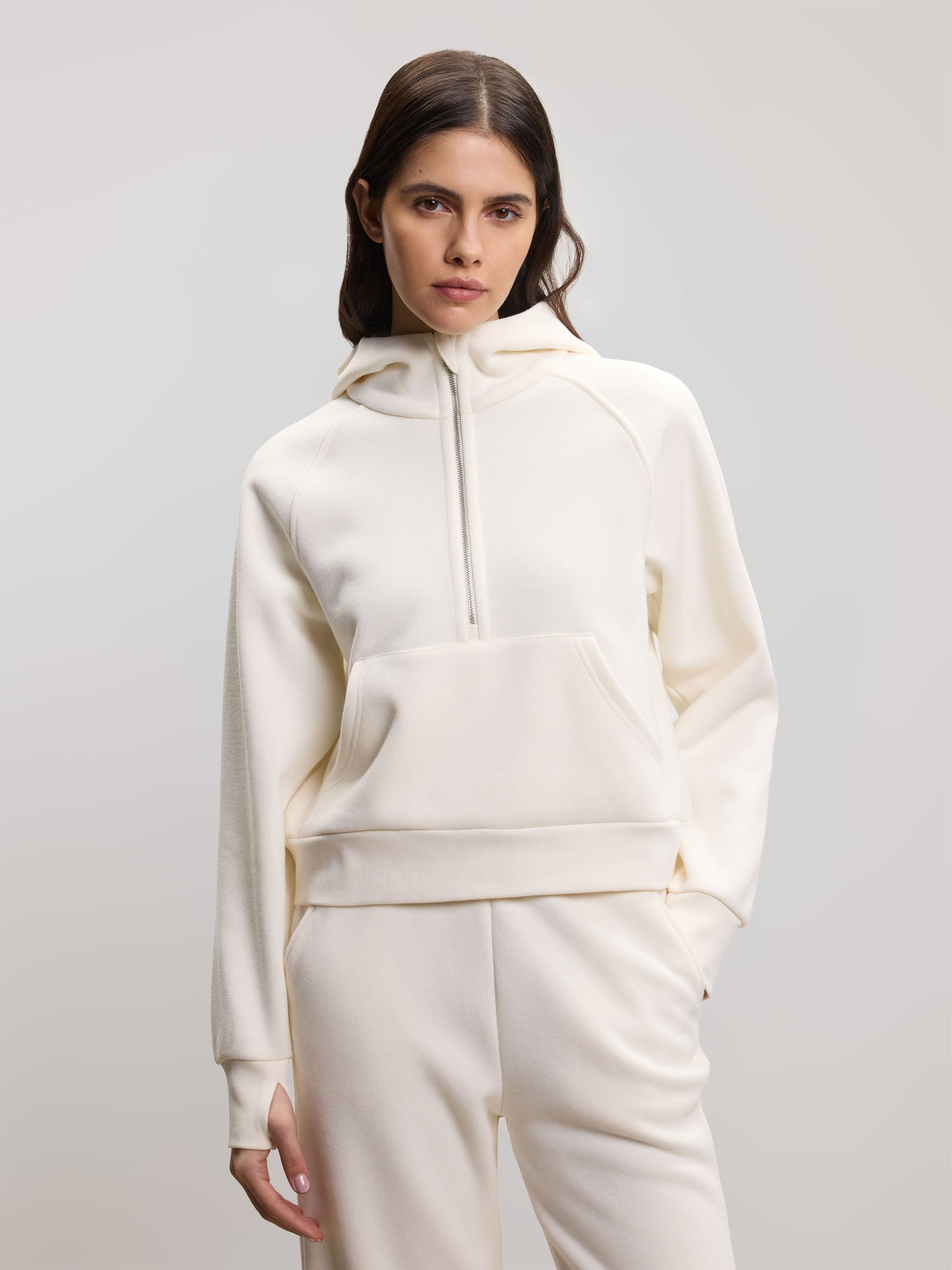 Womens Cosy Fleece Half Zip Hoodie in Ecru