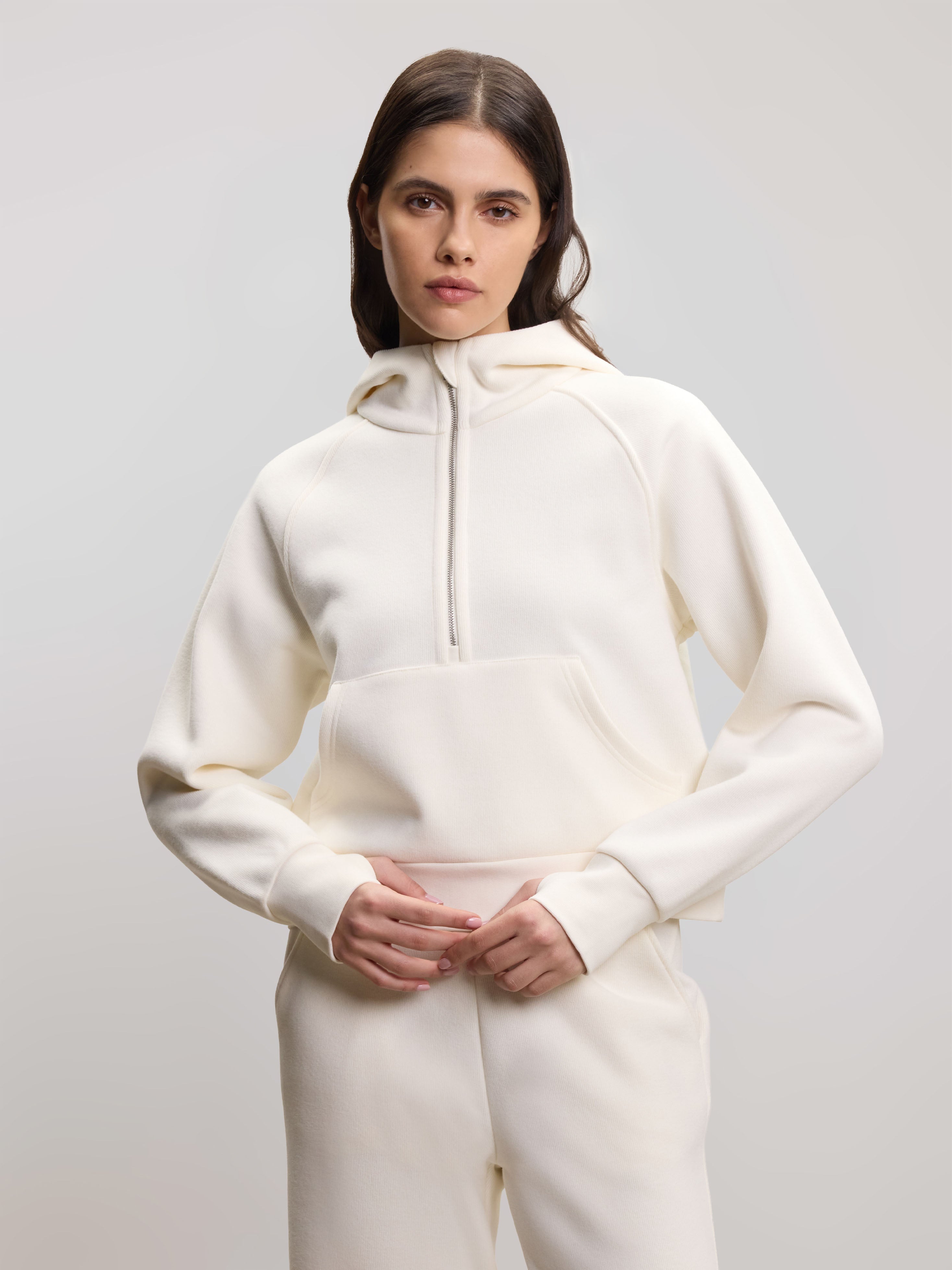 Womens Cosy Fleece Half Zip Hoodie in Ecru
