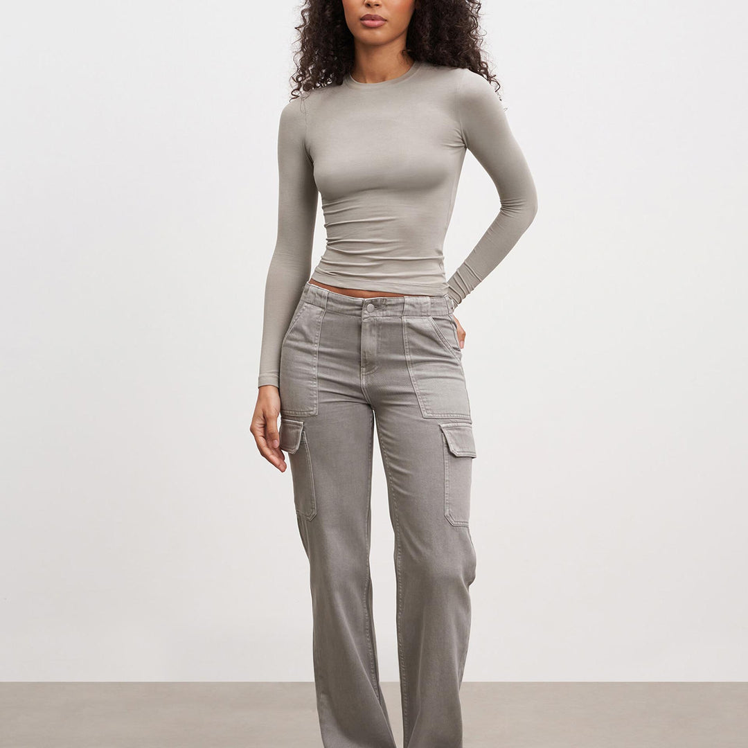 Womens Cotton Jersey Long Sleeve T-Shirt in Stone