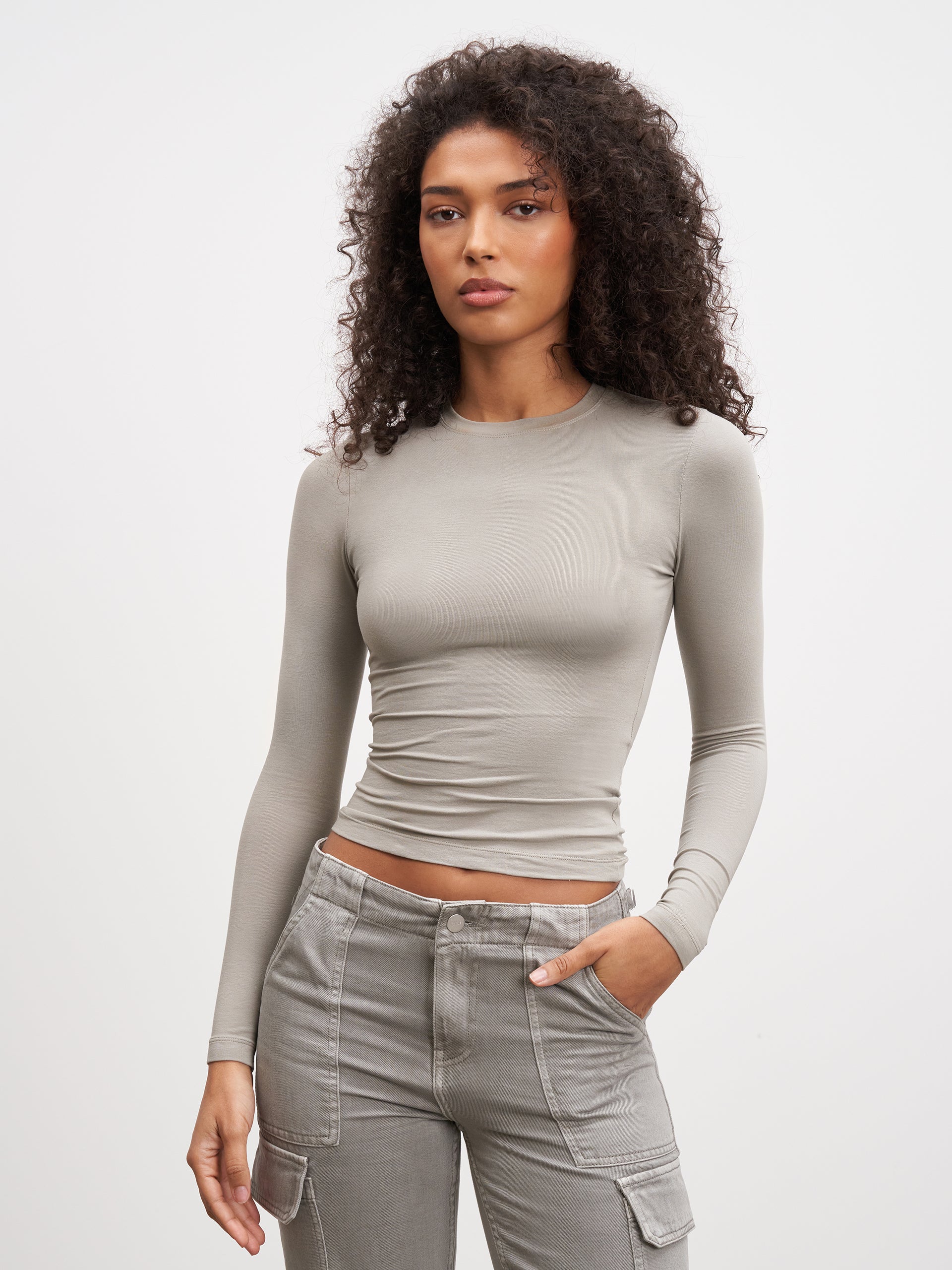 Womens Cotton Jersey Long Sleeve T-Shirt in Stone