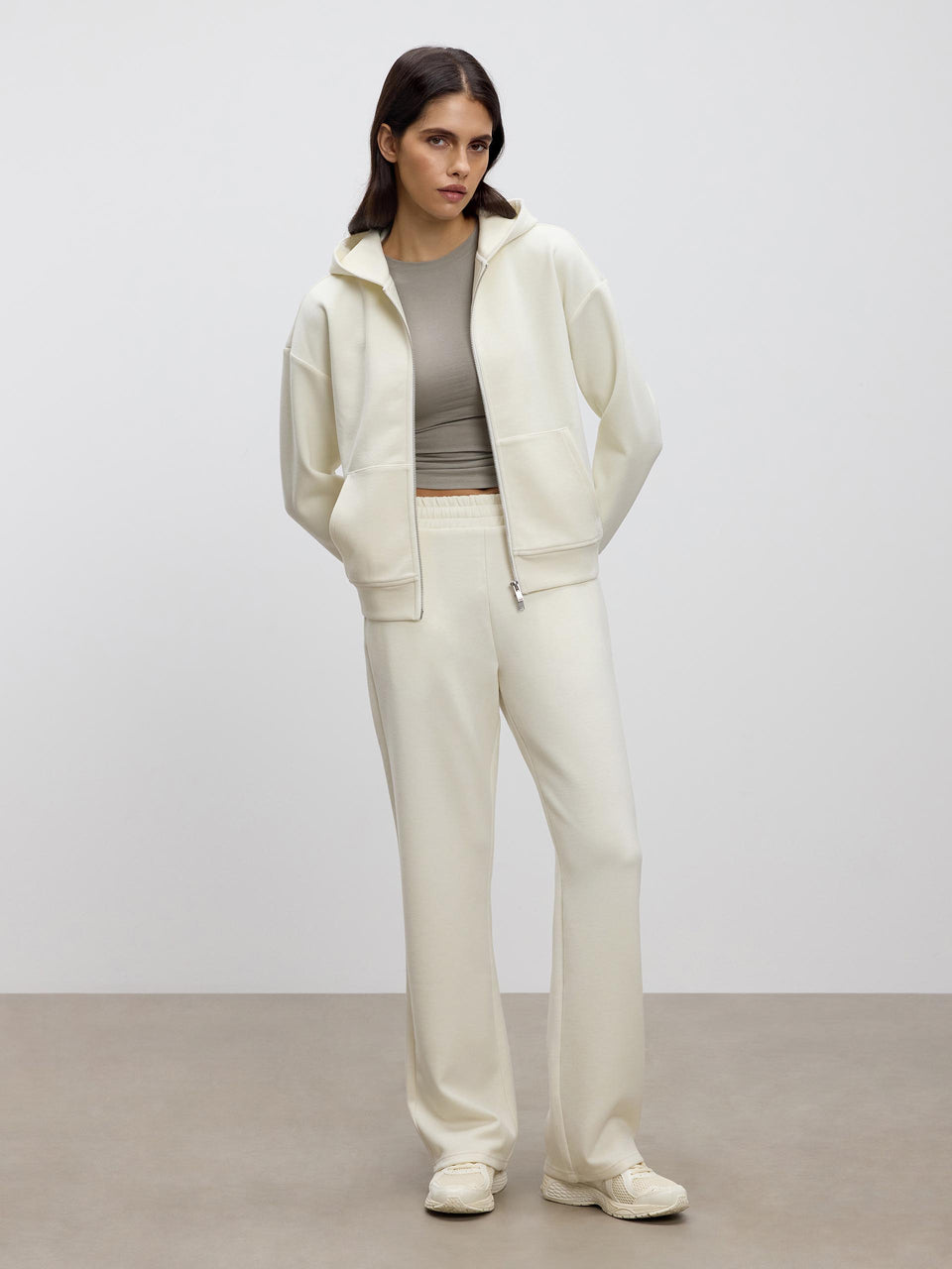 Womens Knitted Relaxed Zip Hoodie in Ecru