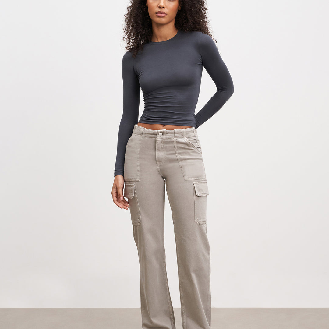 Womens Mid Rise Cargo Pant in Stone