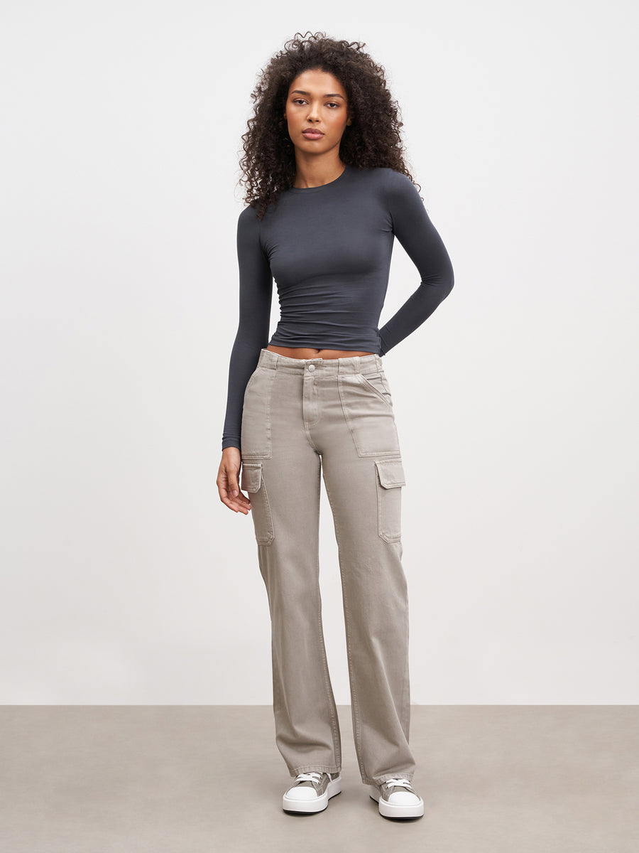 Womens Mid Rise Cargo Pant in Stone