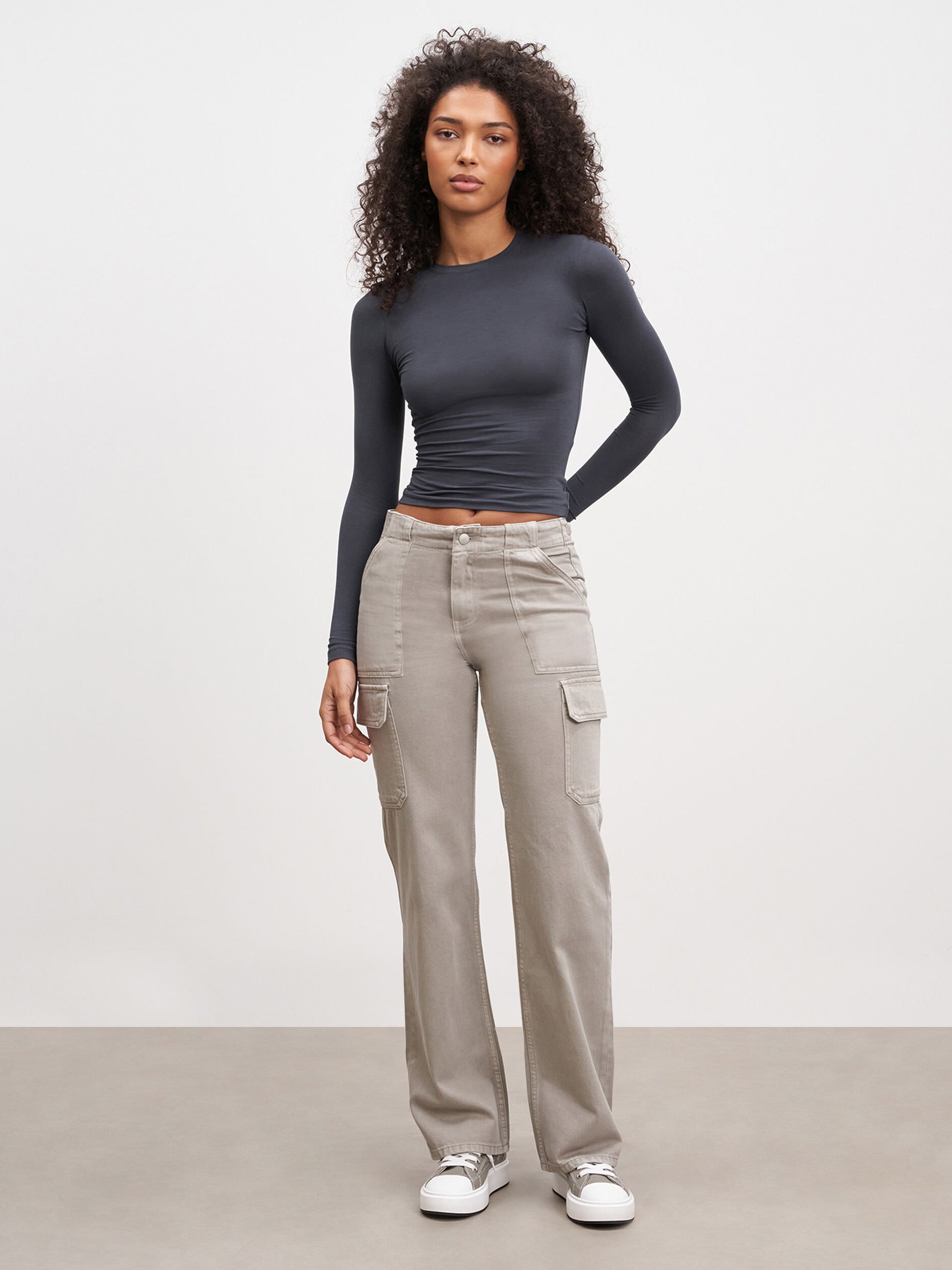 Womens Mid Rise Cargo Pant in Stone
