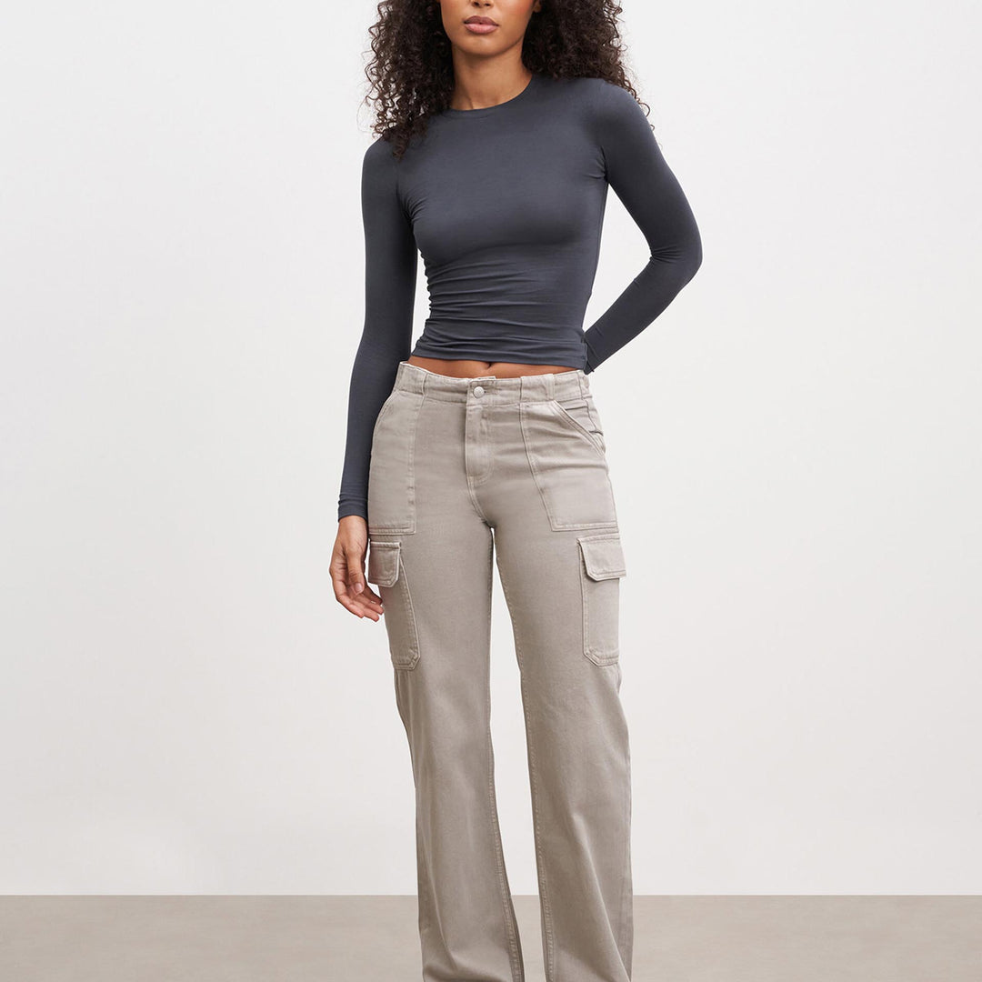 Womens Mid Rise Cargo Pant in Stone