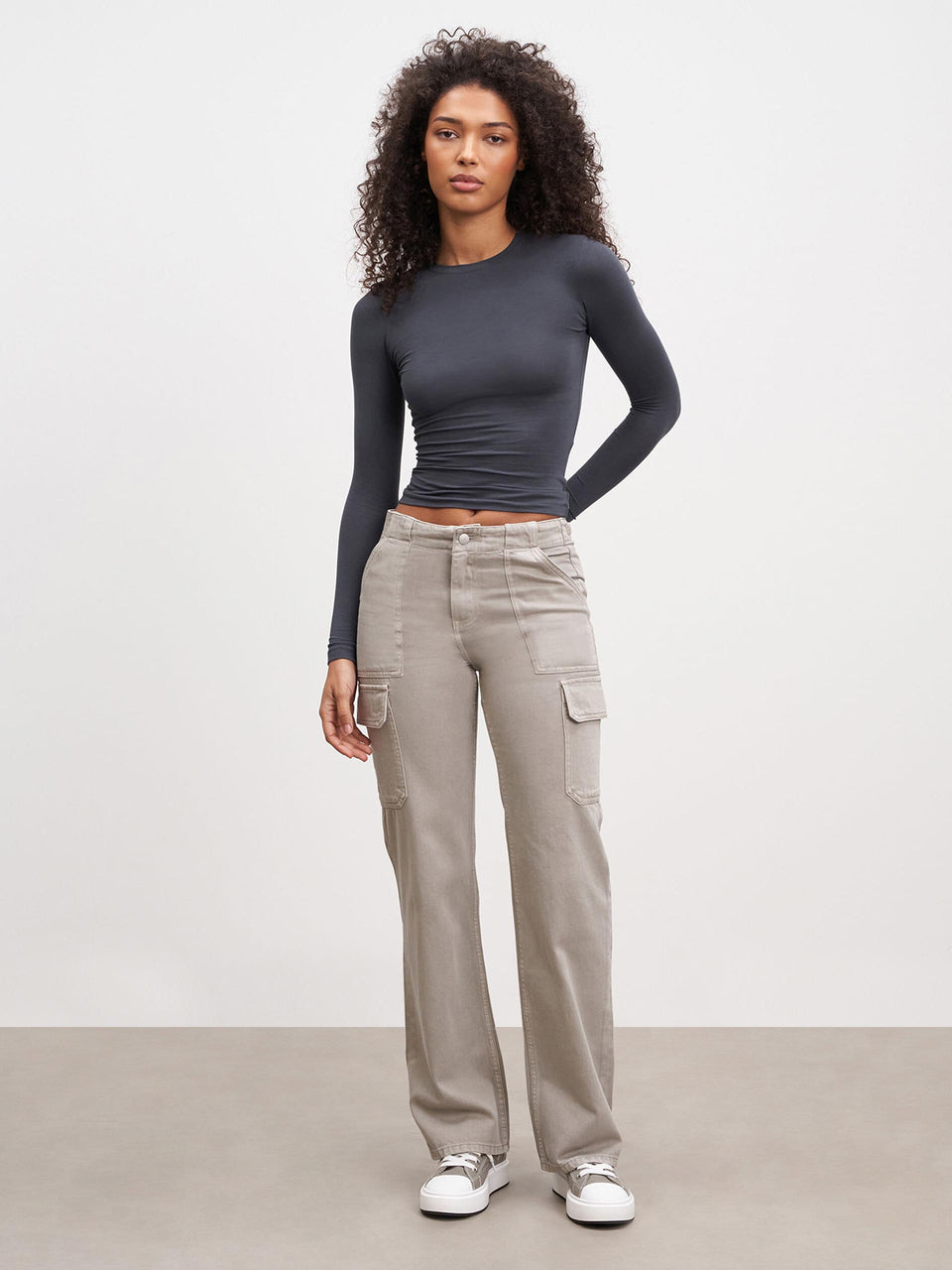 Womens Mid Rise Cargo Pant in Stone