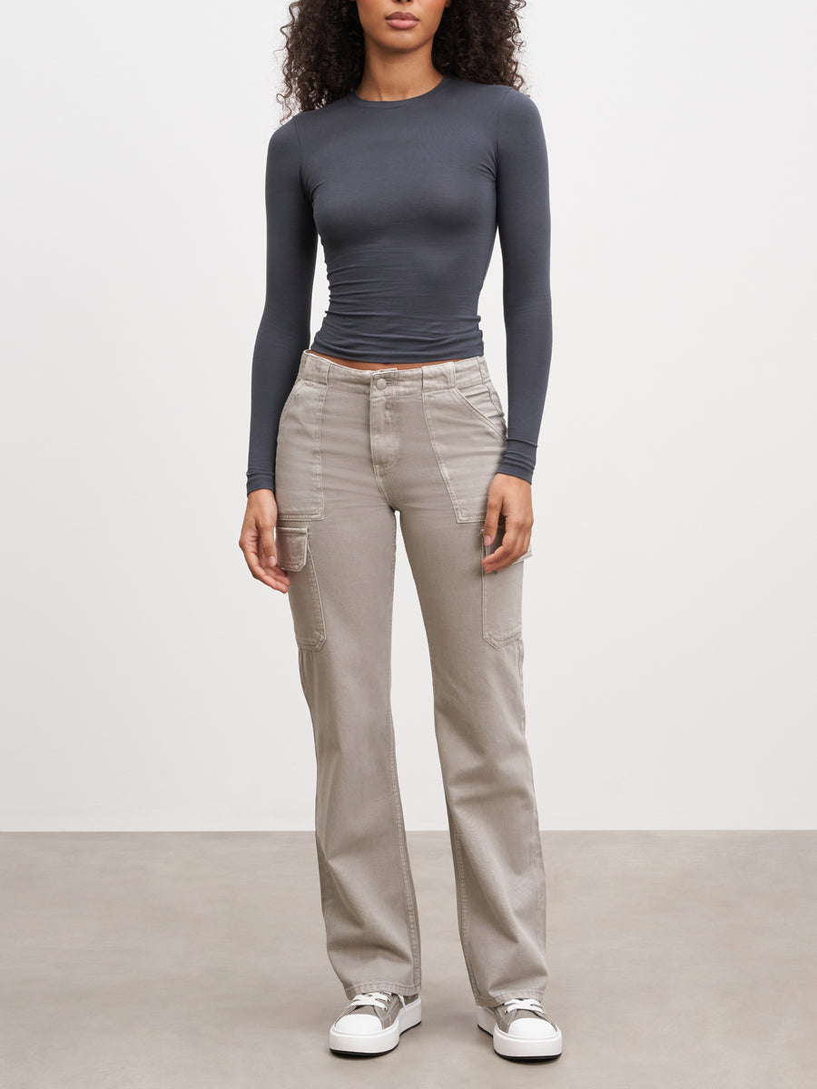 Womens Mid Rise Cargo Pant in Stone