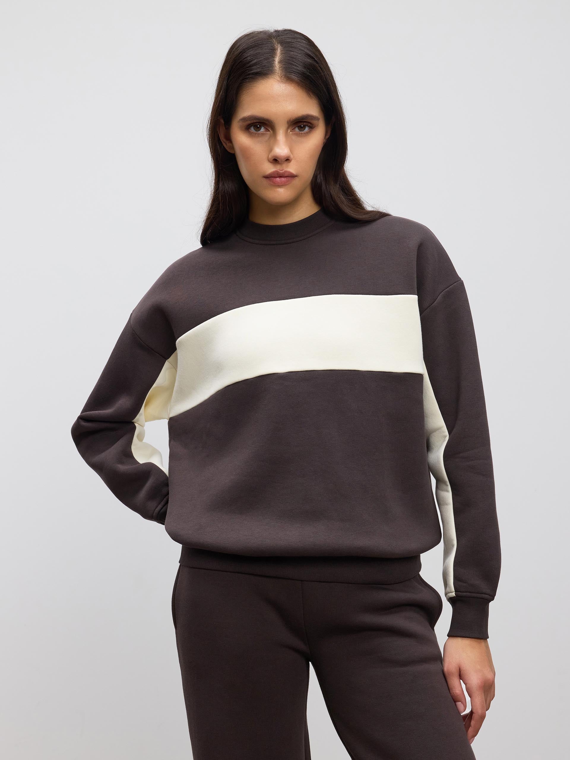 Womens Neoprene Colour Block Sweatshirt in Brown Ecru