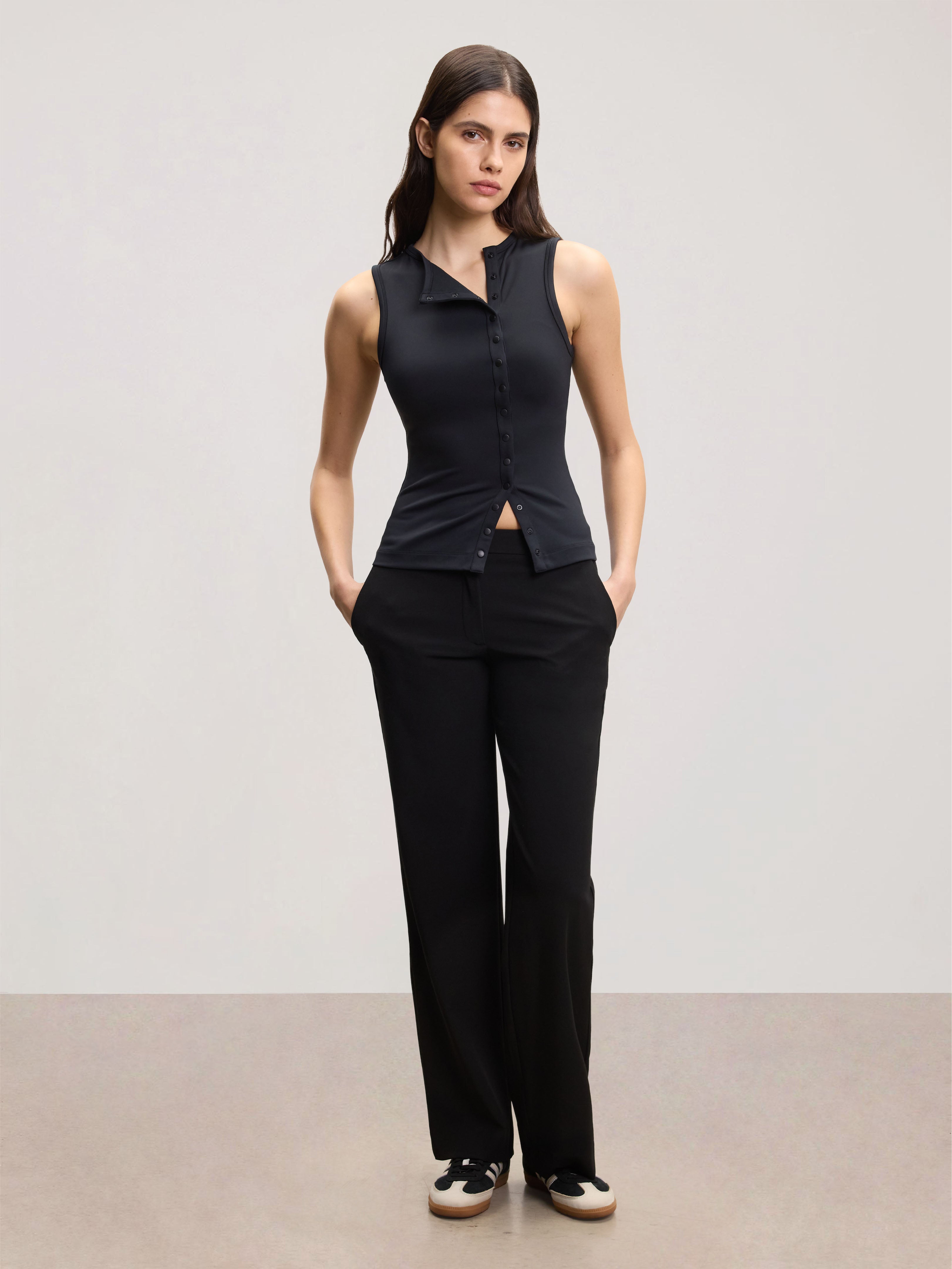 Womens Popper Vest Top in Black