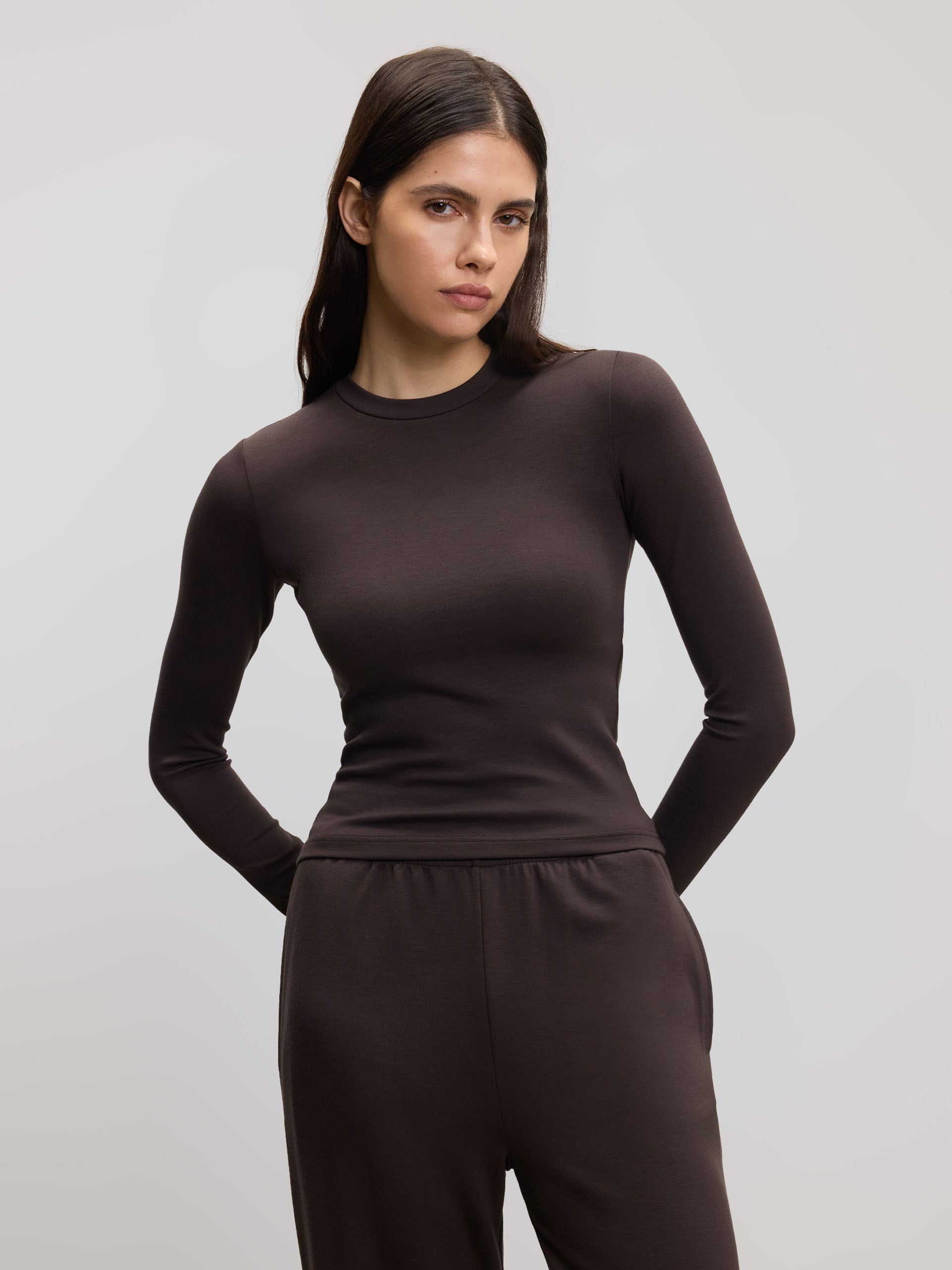Womens Soft Interlock Long Sleeve Top in Brown