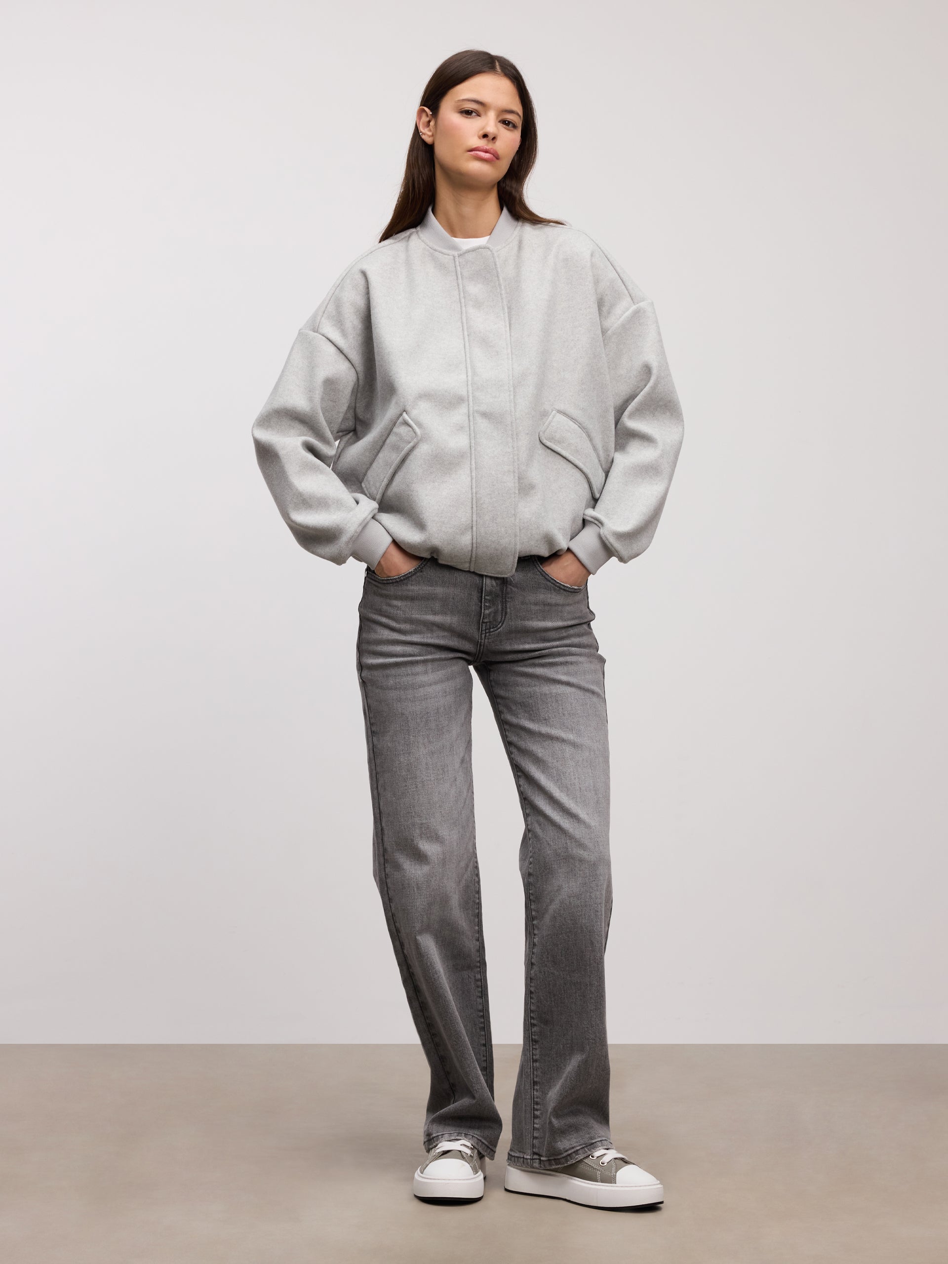 Womens Soft Knitted Bomber Jacket in Grey