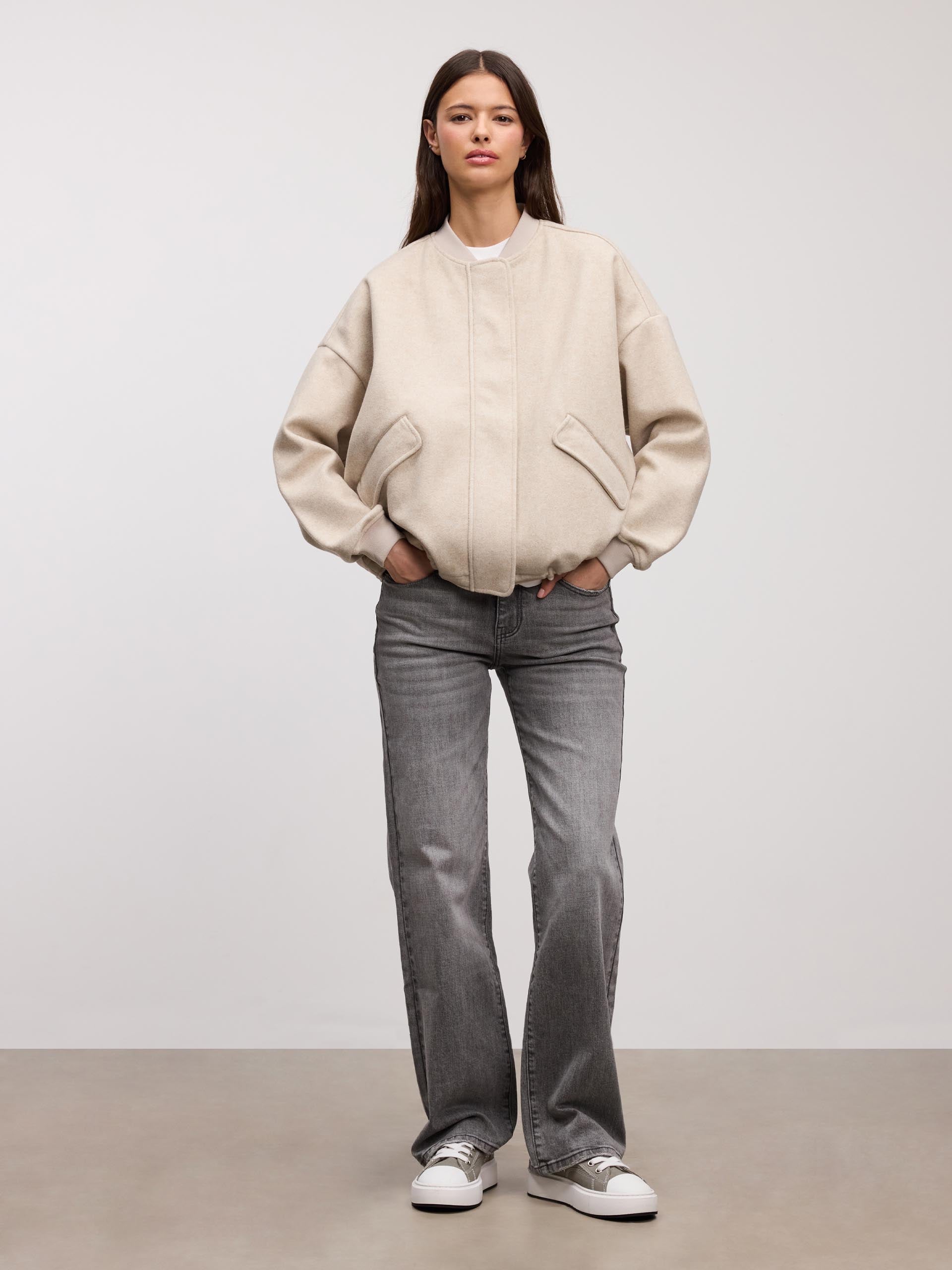 Womens Soft Knitted Bomber Jacket in Stone