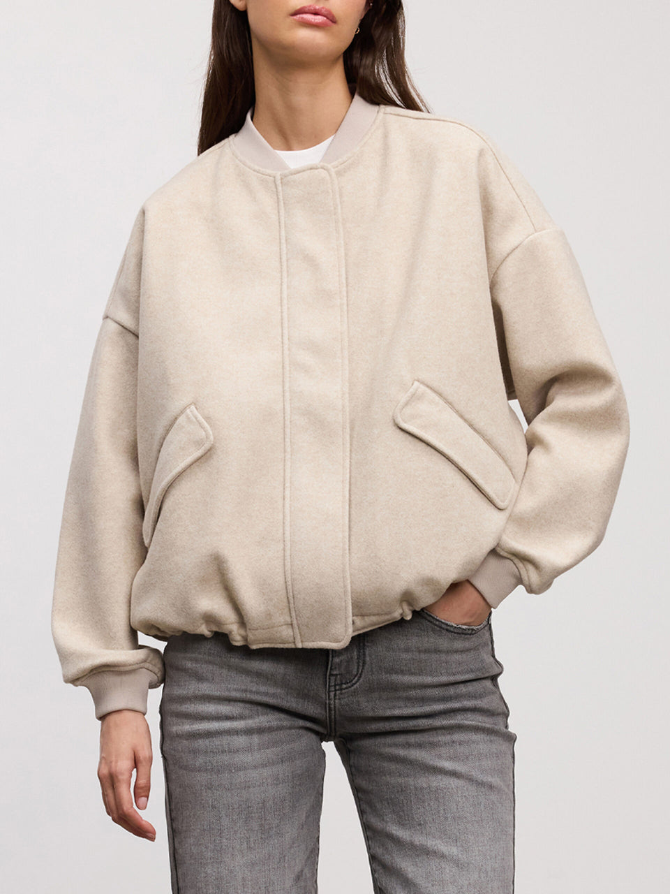 Womens Soft Knitted Bomber Jacket in Stone