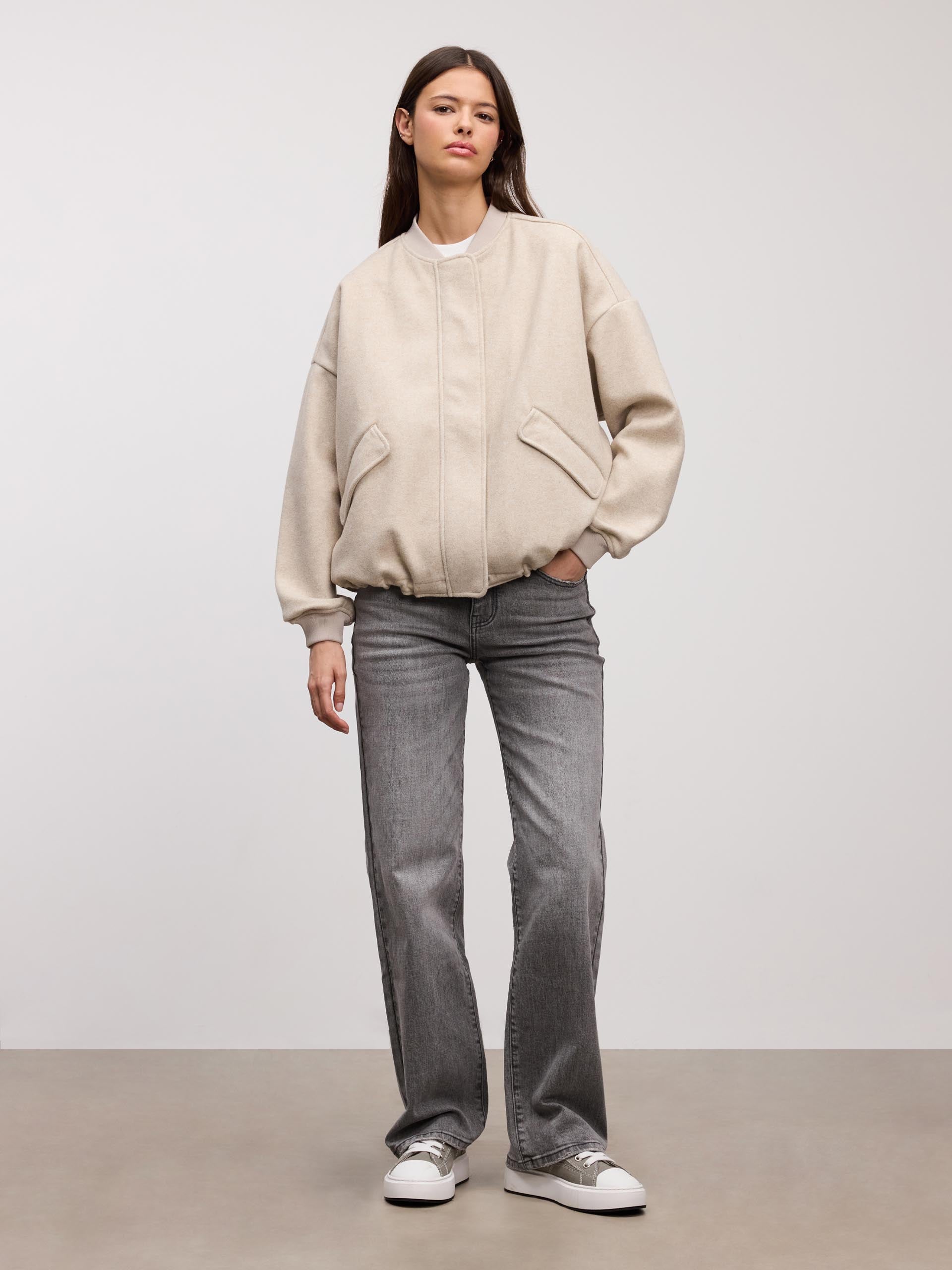 Womens Soft Knitted Bomber Jacket in Stone