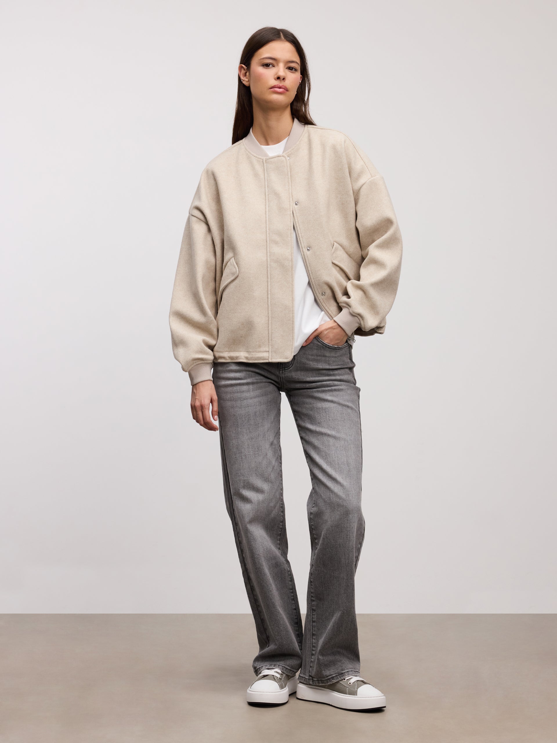 Womens Soft Knitted Bomber Jacket in Stone
