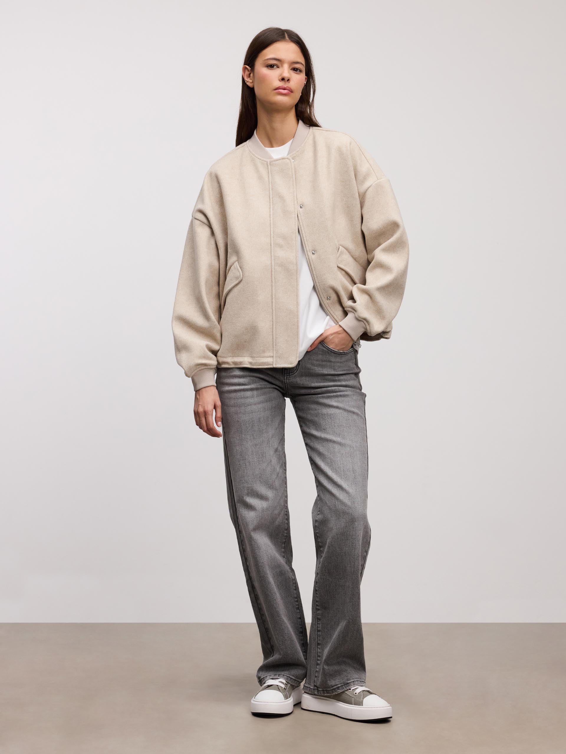 Womens Soft Knitted Bomber Jacket in Stone