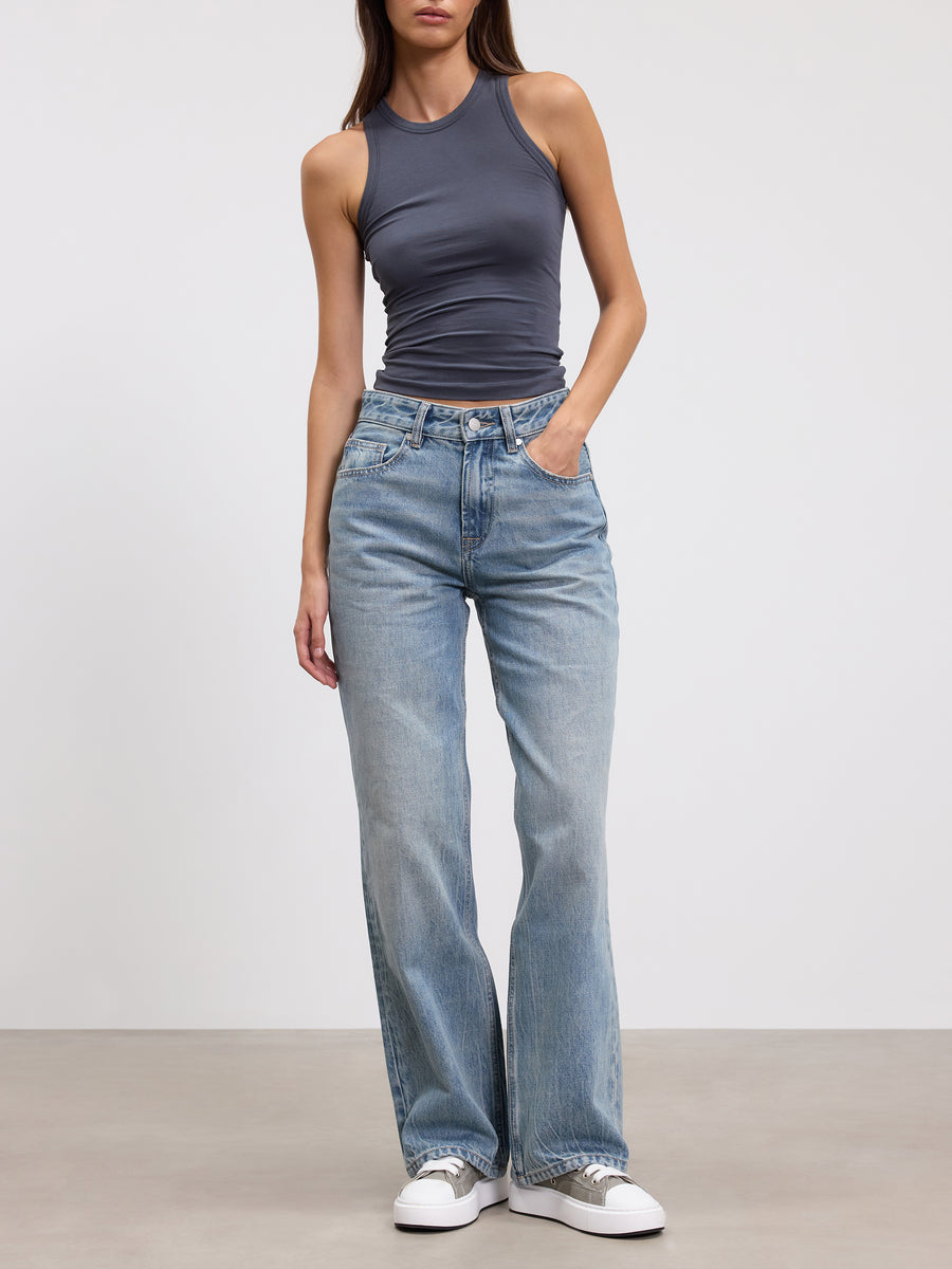 Womens Mid Rise Straight Denim Jean in Mid Blue