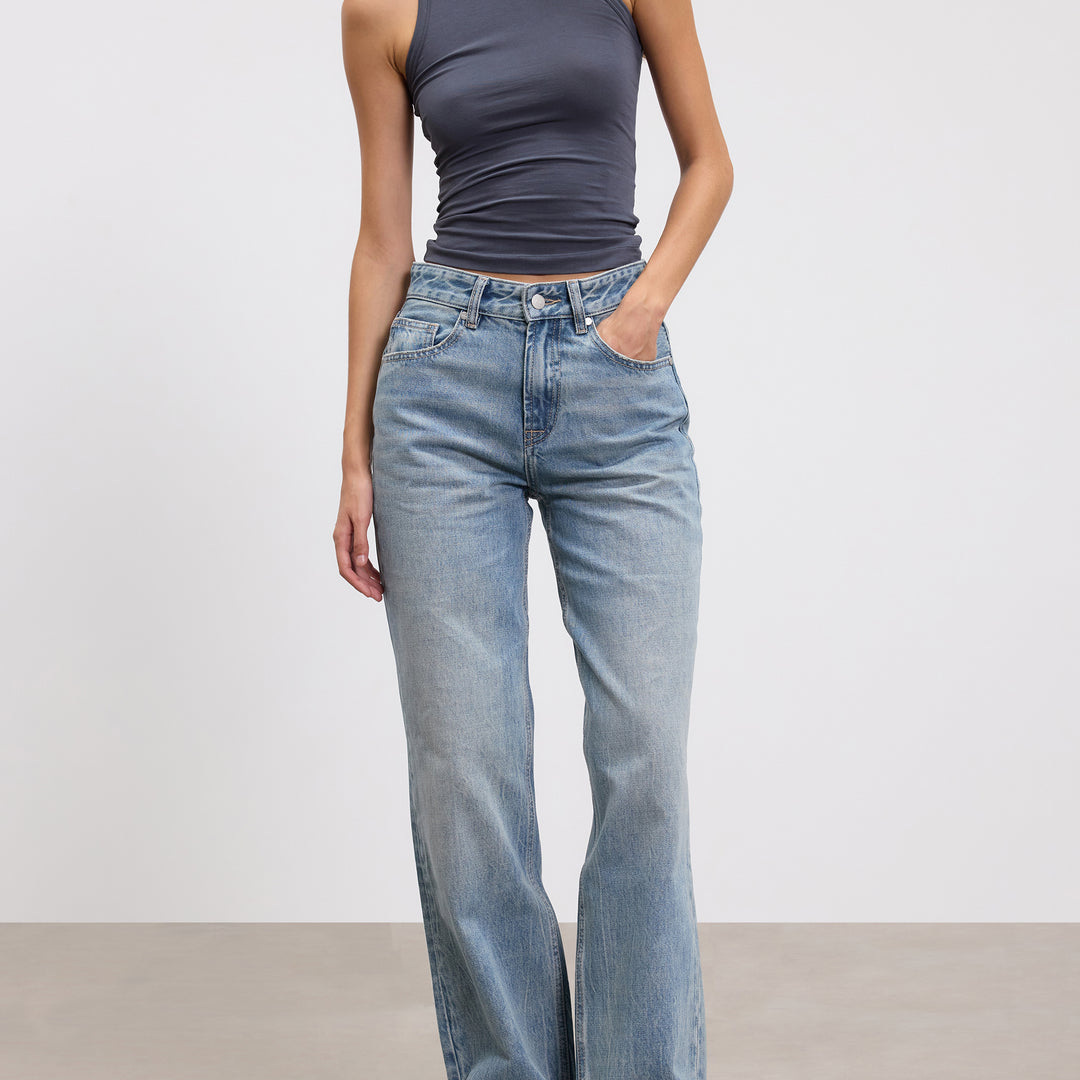 Womens Mid Rise Straight Denim Jean in Mid Blue