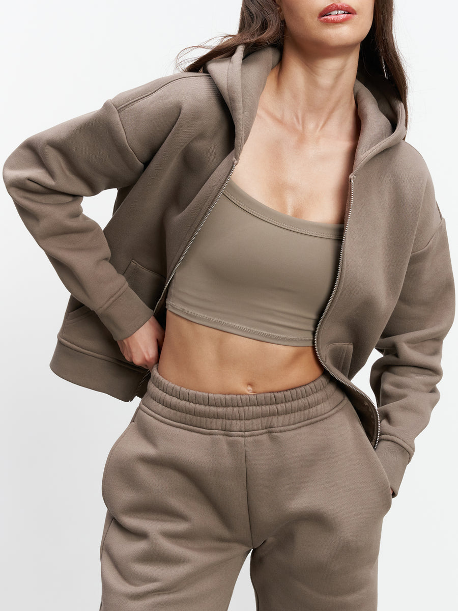 Womens Relaxed Zip Hoodie in Taupe