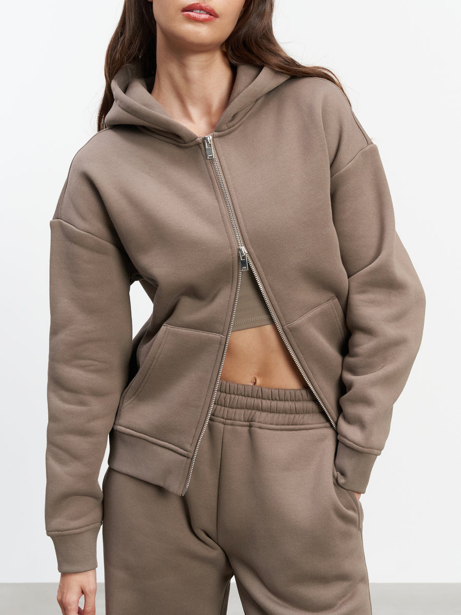 Womens Relaxed Zip Hoodie in Taupe