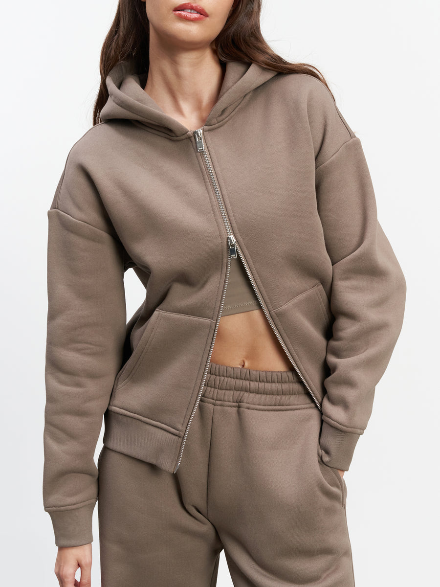 Womens Relaxed Zip Hoodie in Taupe