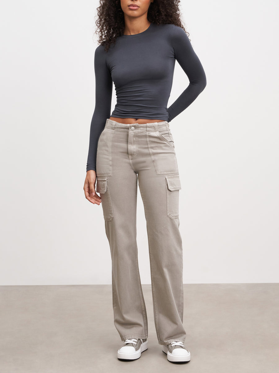 Womens Mid Rise Cargo Pant in Stone