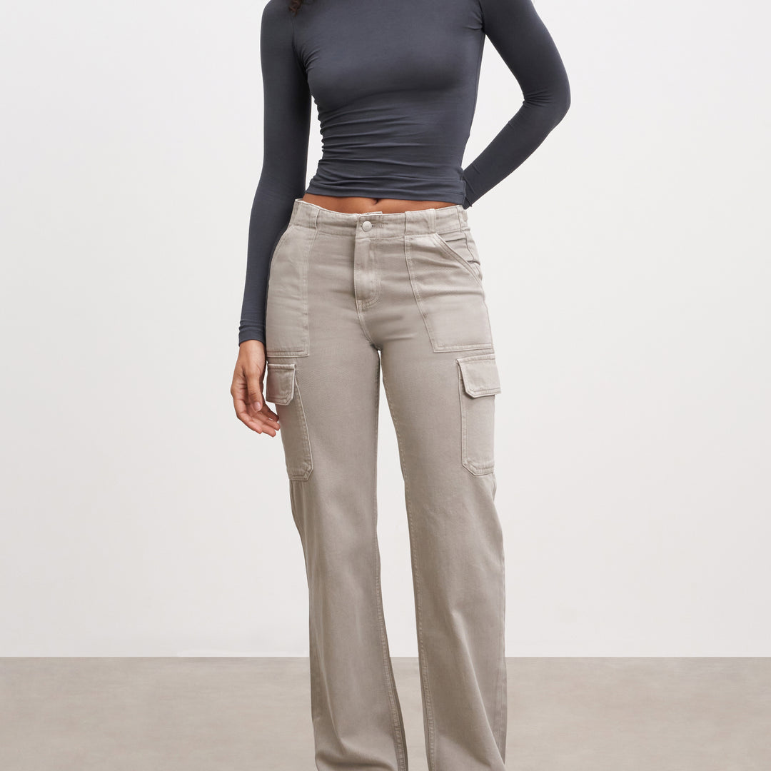 Womens Mid Rise Cargo Pant in Stone
