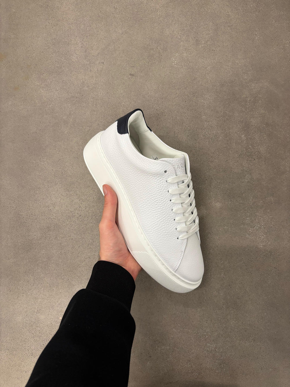 Basic Essential Leather Trainer in White Navy | ARNE UK
